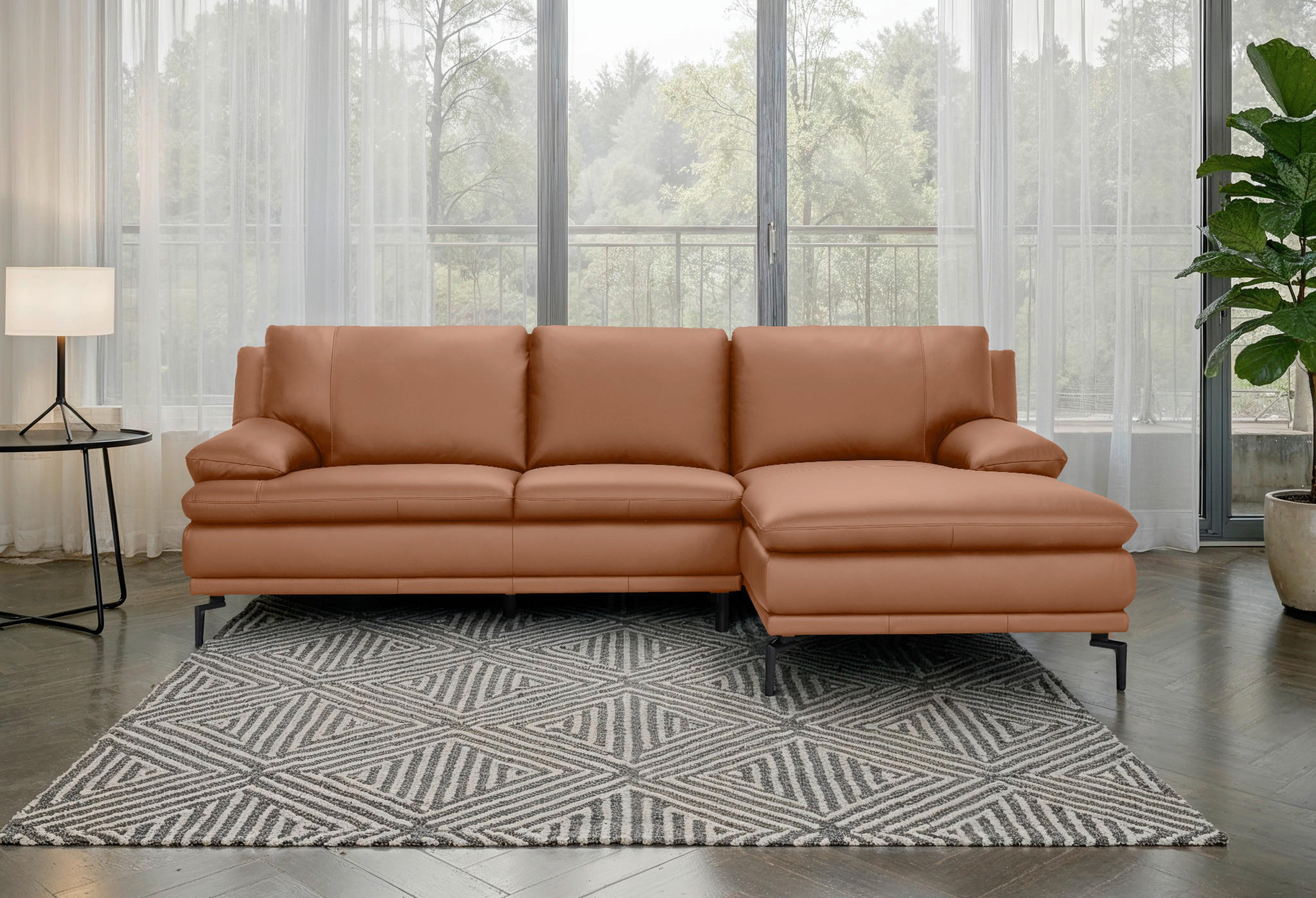 ECKSOFA Cognac Echtleder  - Cognac/Schwarz, Design, Leder (248/158cm) - MID.YOU