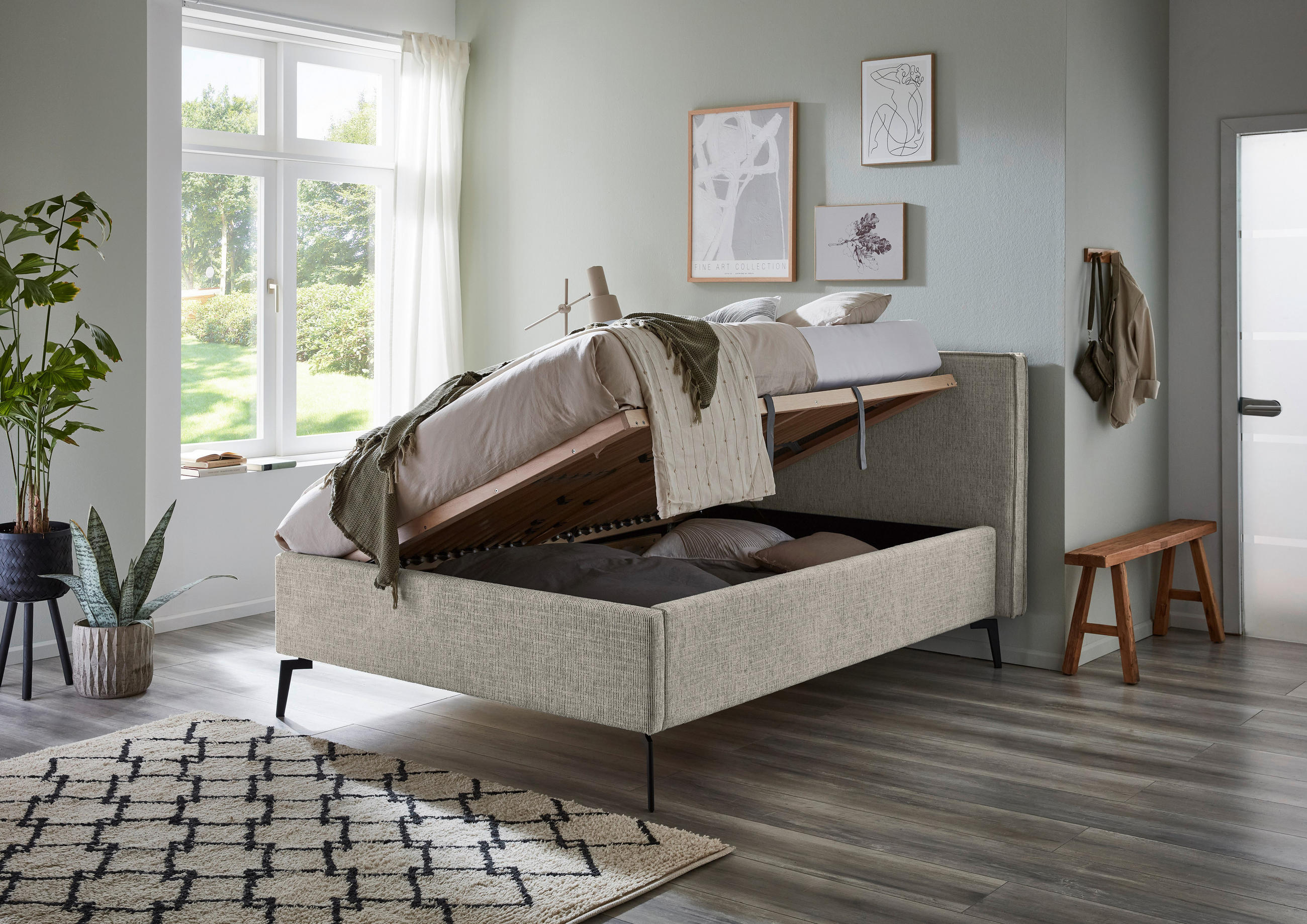 POLSTERBETT Lattenrost, Bettkasten 140/200 cm  in Greige  - Greige/Birkefarben, Design, Holz/Textil (140/200cm) - home24
