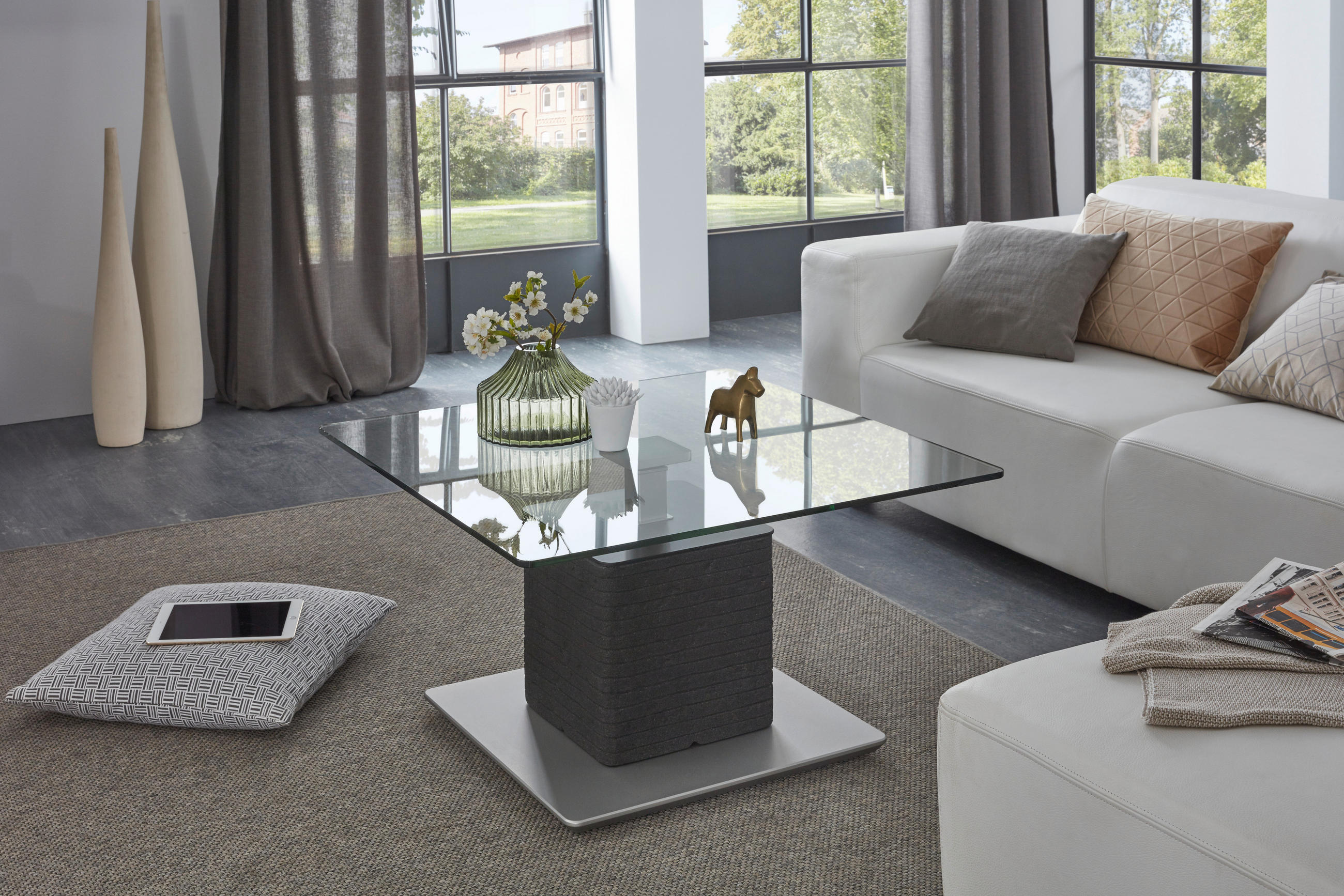 COUCHTISCH in Kunststoff, Glas, Holzwerkstoff 80/80/47-65 cm  - Anthrazit/Silberfarben, Design, Glas/Holzwerkstoff (80/80/47-65cm) - Venda