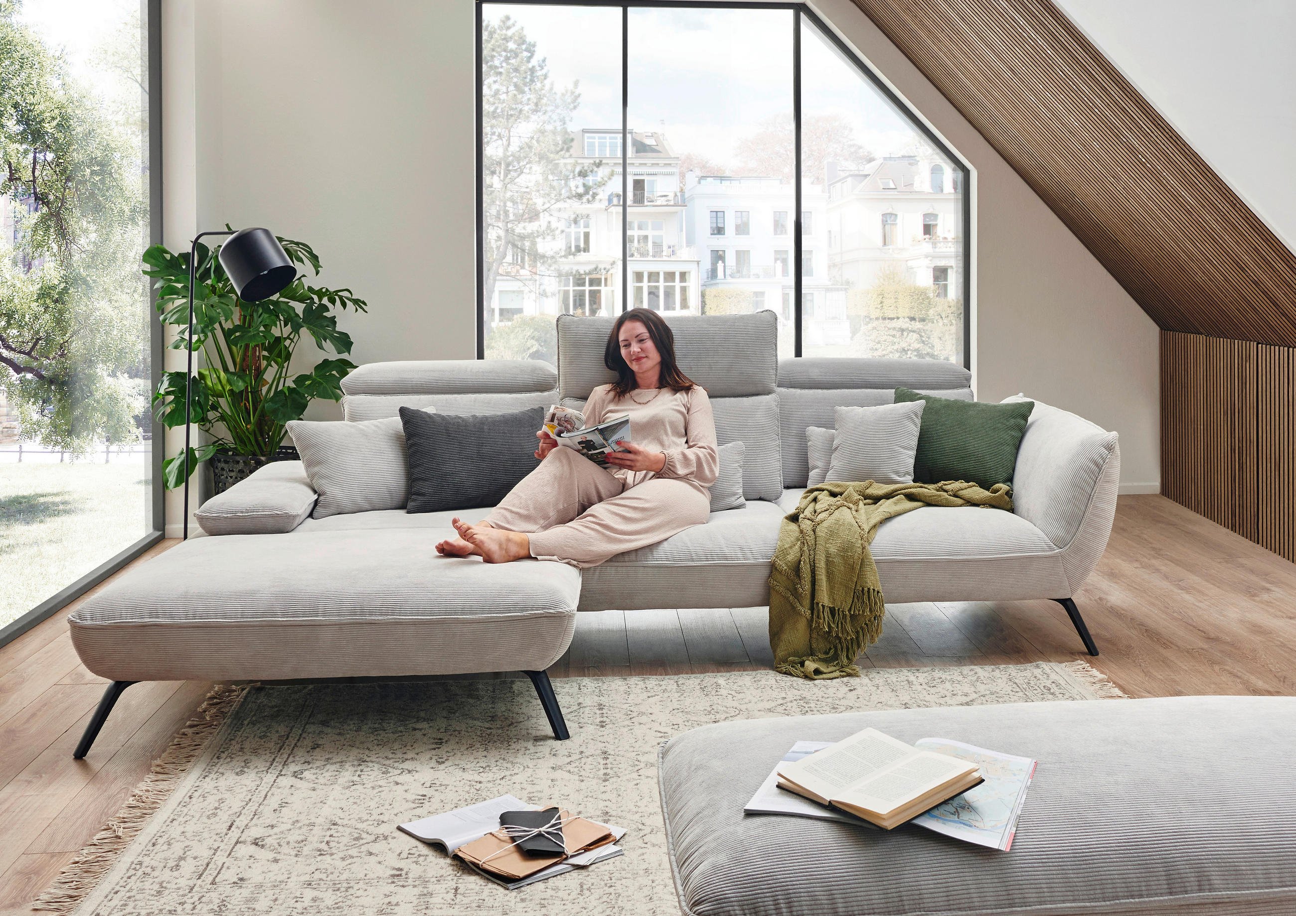 ECKSOFA in Cord Silberfarben  202/301 cm  - Silberfarben/Schwarz, Design, Textil/Metall (202/301cm) - Moderano