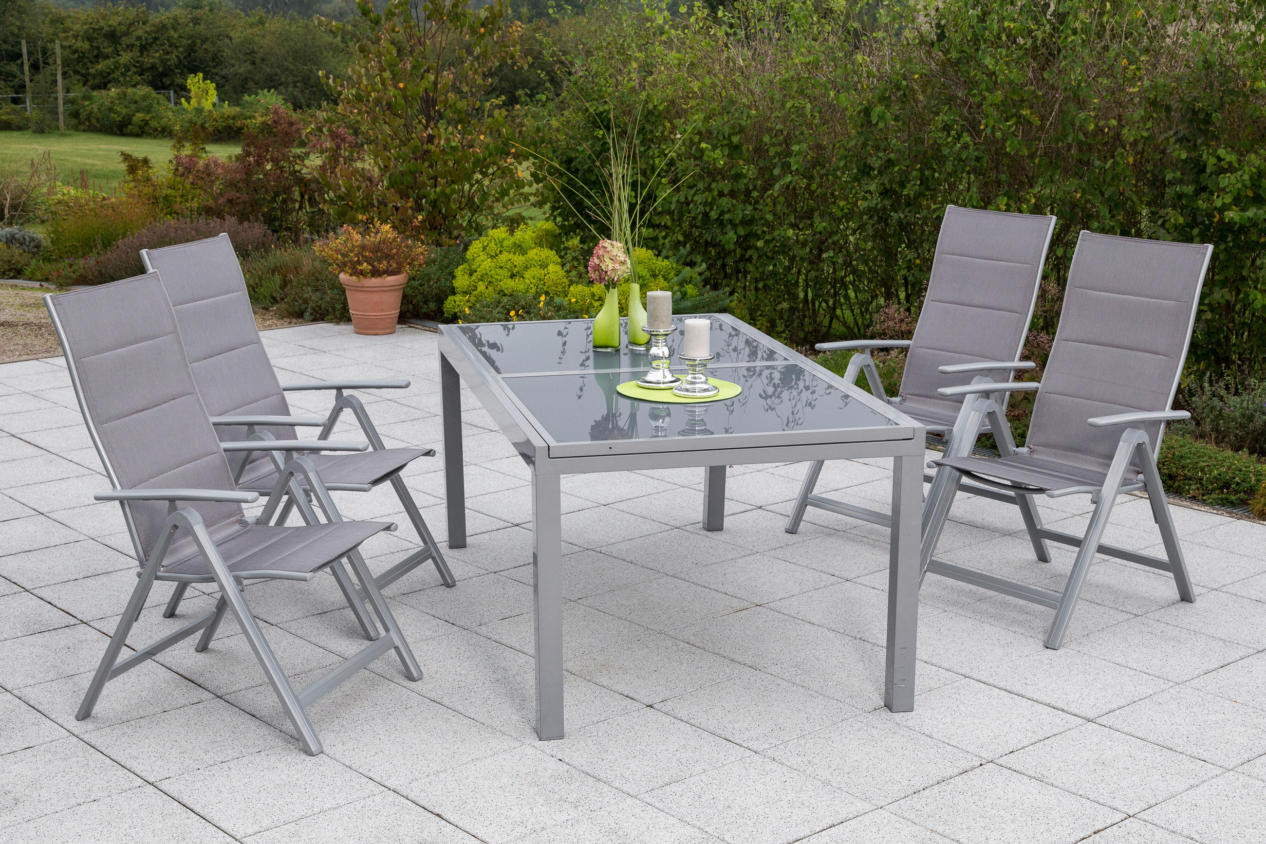 GARTENTISCHGRUPPE Aluminium - Silberfarben/Braun, ROMANTIK / LANDHAUS, Glas/Textil - Gardenson