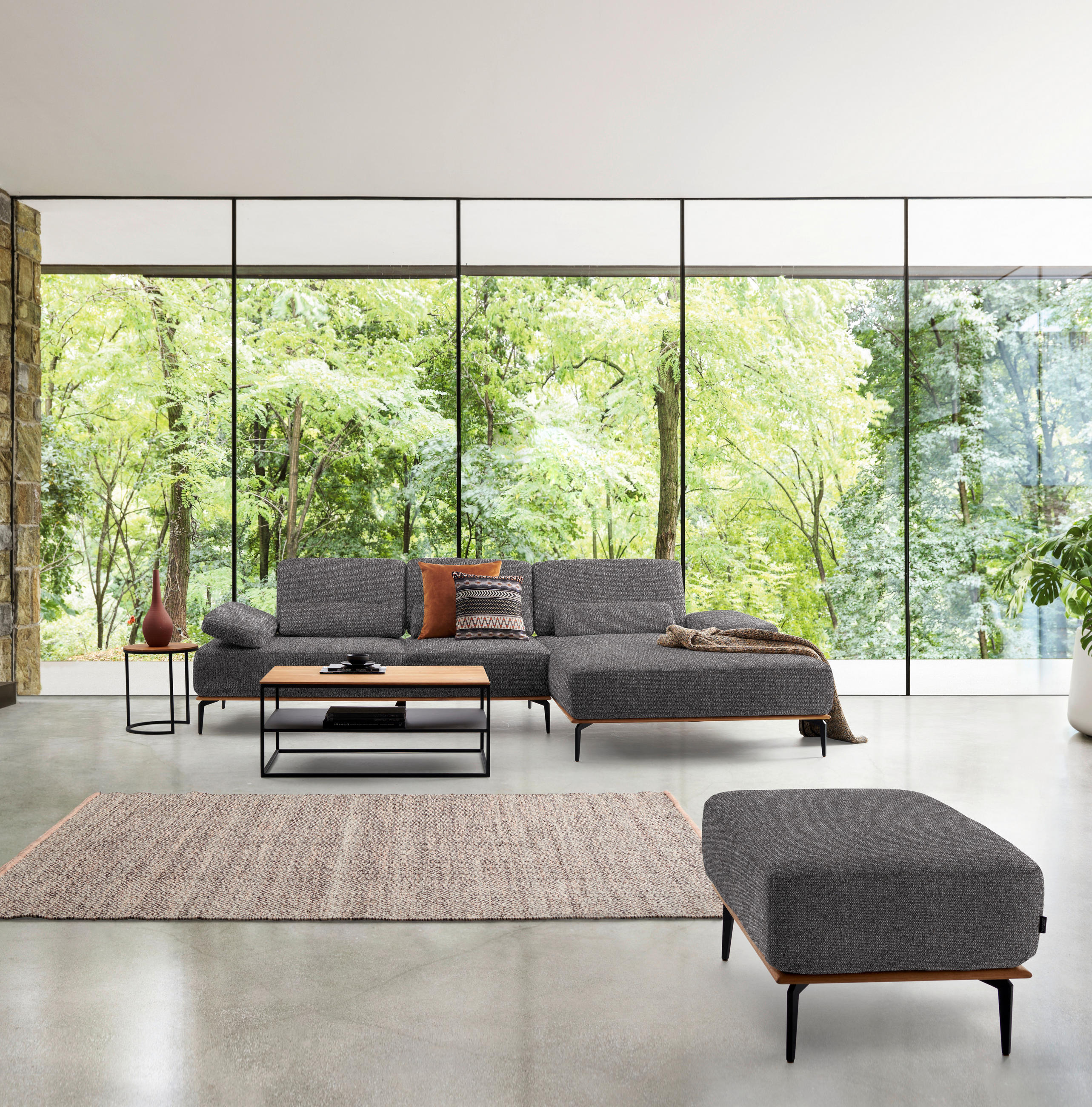 ECKSOFA in Flachgewebe Grau  - Schwarz/Grau, Natur, Holz/Textil (314/176cm) - Valnatura