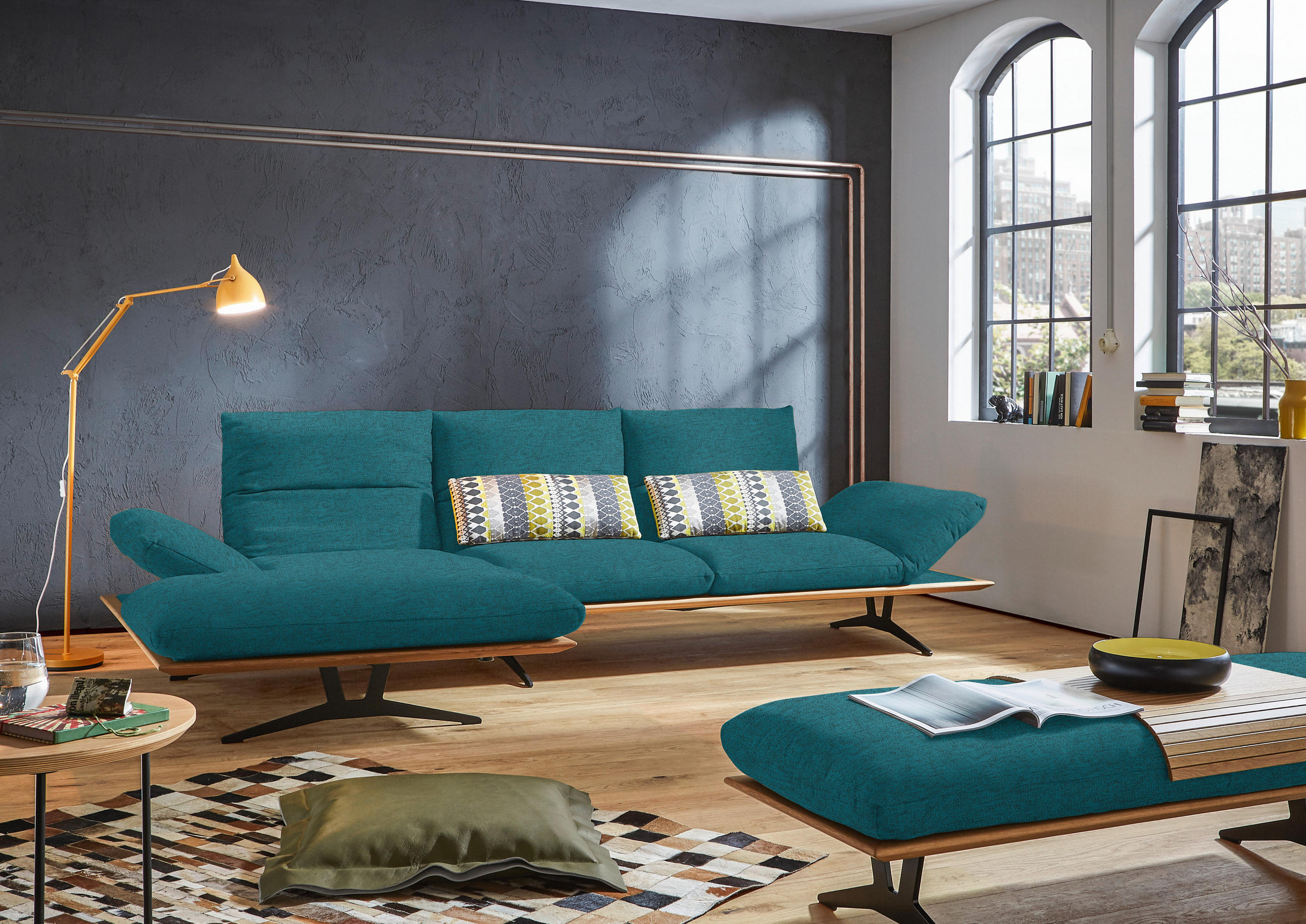 ECKSOFA in Flachgewebe Petrol  - Petrol/Schwarz, Design, Holz/Textil (159/314cm) - Dieter Knoll