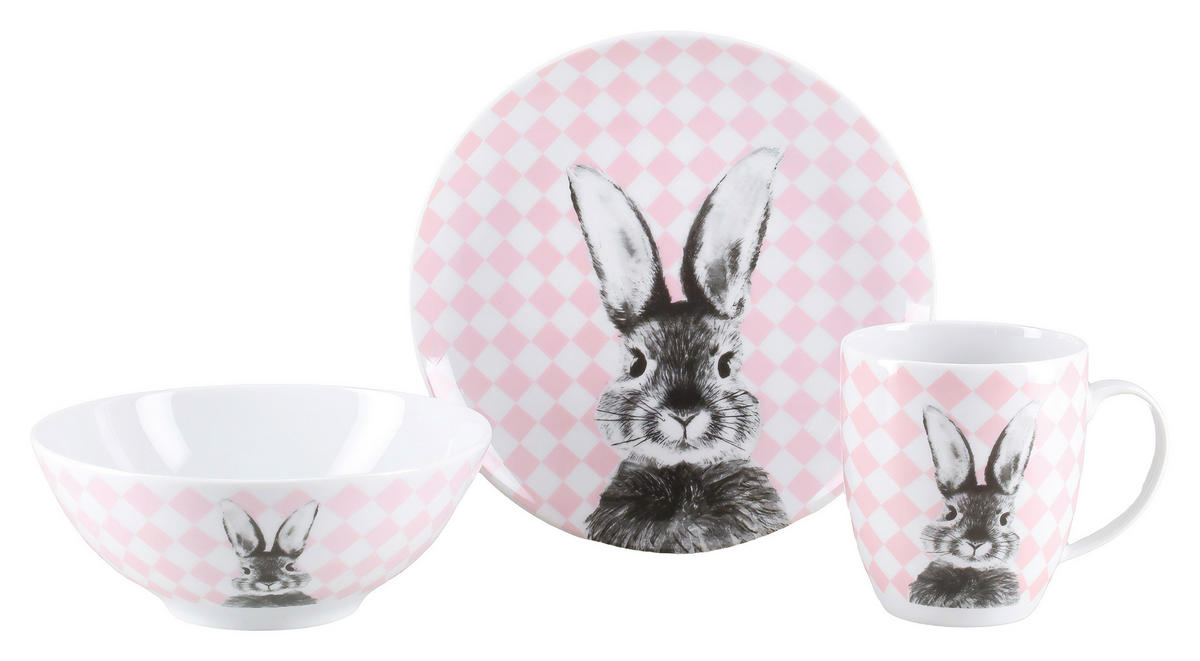 FRÜHSTÜCKSSERVICE Rosa, Weiß Happy Bunny 3-teilig 1 Personen  - Rosa/Weiß, Basics, Keramik - Creatable