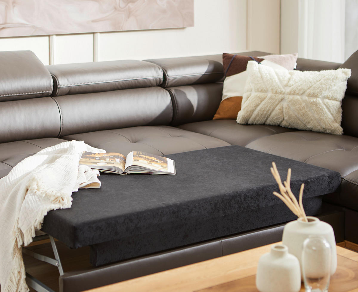 ECKSOFA Dunkelbraun Echtleder  - Dunkelbraun/Schwarz, Design, Leder/Holz (252/220cm) - Novel