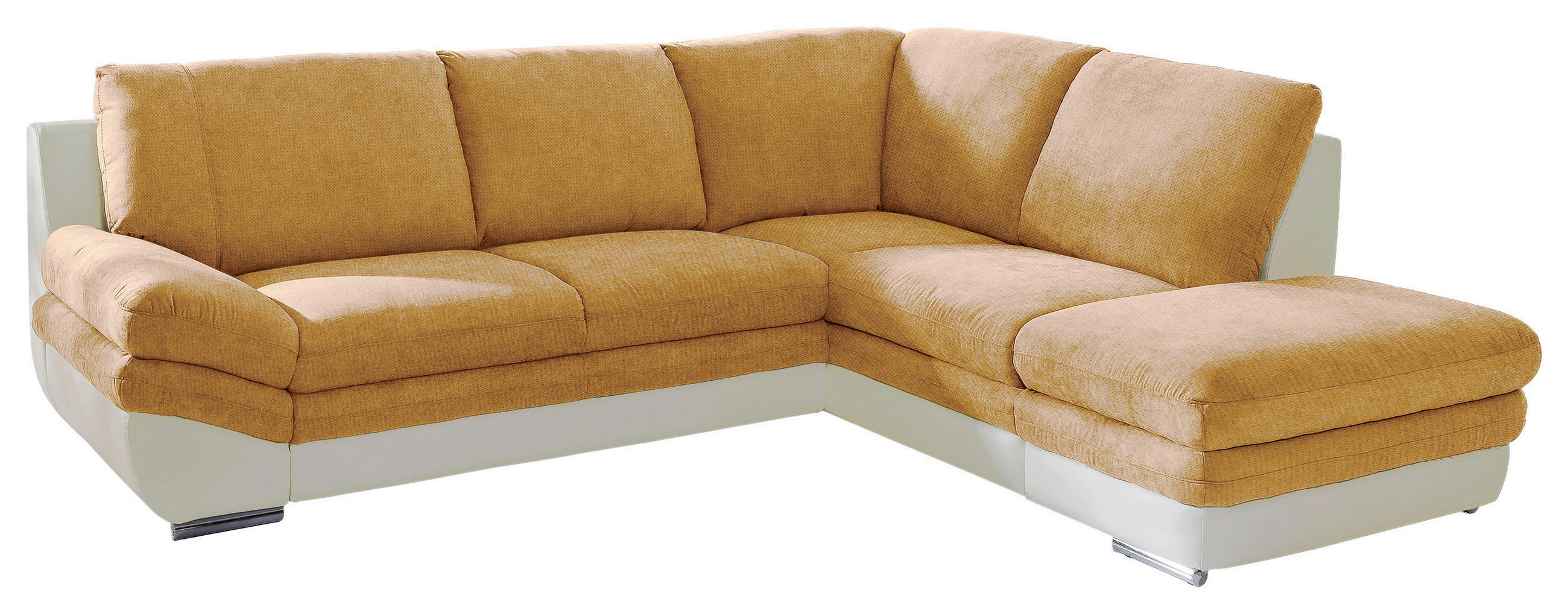 WOHNLANDSCHAFT Creme, Dunkelgelb Chenille, Lederlook Bettkasten, Schlaffunktion, Rücken echt  - Chromfarben/Dunkelgelb, MODERN, Textil/Metall (264/221cm) - MID.YOU