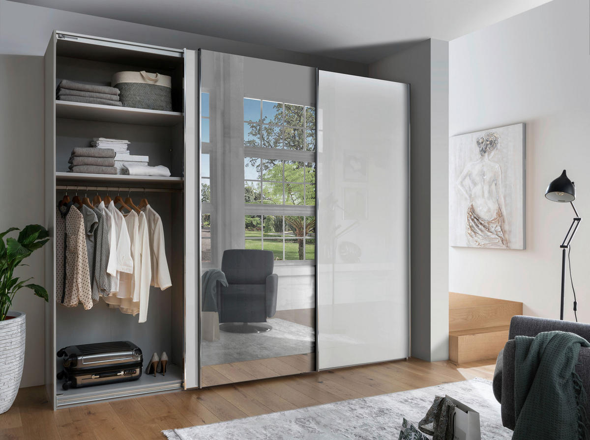 SCHWEBETÜRENSCHRANK in Grau, Weiss  - Chromfarben/Weiss, Konventionell, Glas/Holzwerkstoff (250/236/67cm) - Dieter Knoll
