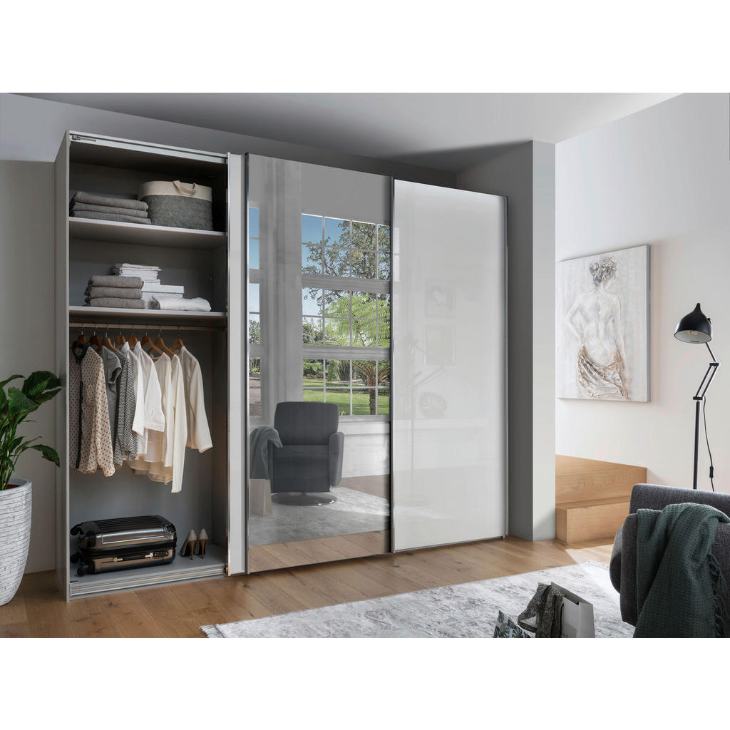 Thumbnail - Dieter Knoll Schwebetürenschrank, Grau, Weiß, Metall, 6 Fächer, 300x217x67 cm, ISO 9001, Made in Germany, Beimöbel erhäl...