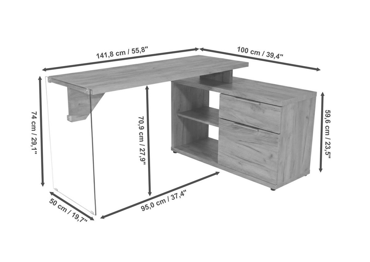 ECKSCHREIBTISCH 141,8/100/74 cm Eichefarben Stauraum, seitenverkehrt montierbar  - Eichefarben/Silberfarben, Design, Glas/Holzwerkstoff (141,8/100/74cm) - MID.YOU