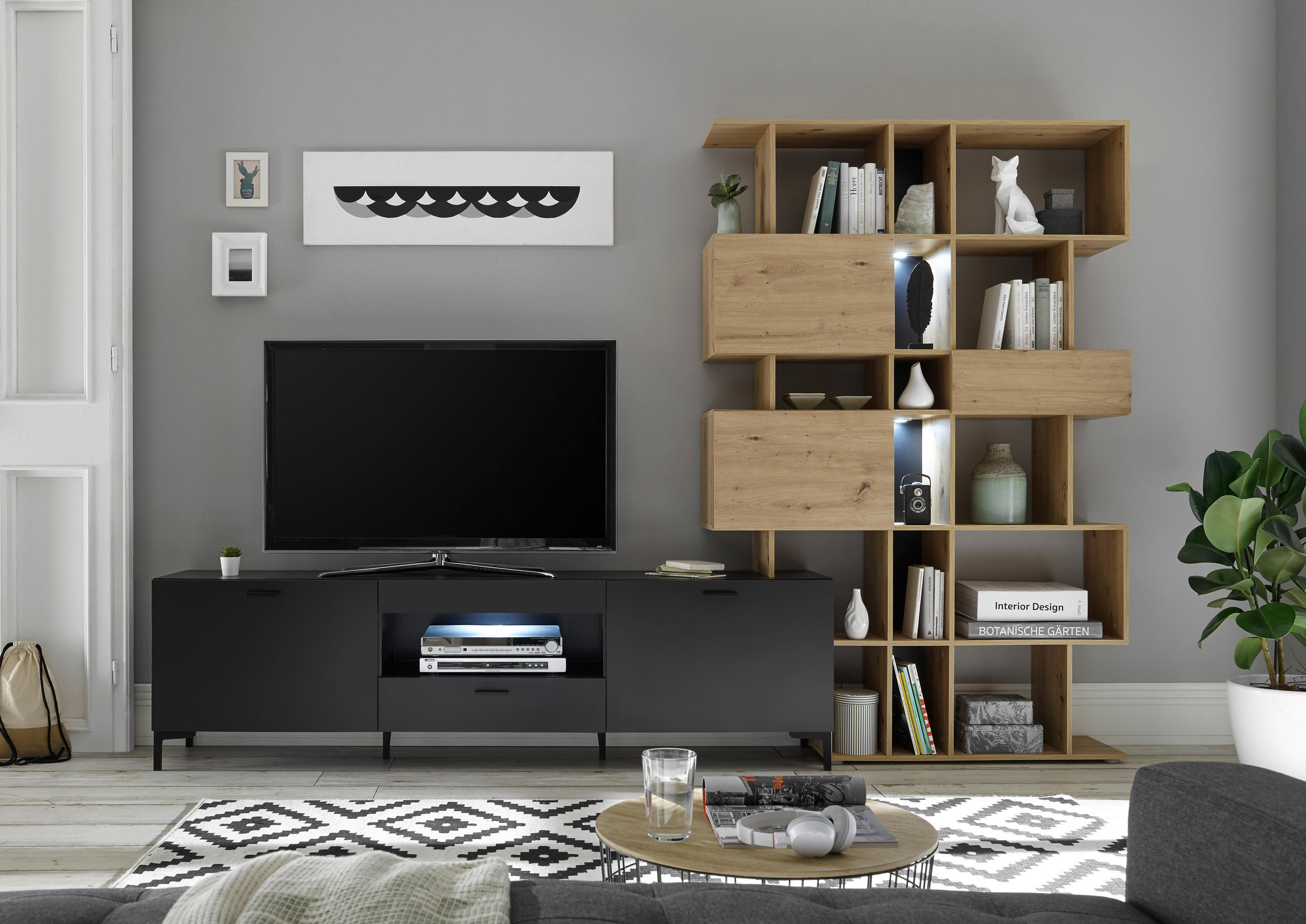 WOHNWAND  in Schwarz, Eichefarben  290/195/40 cm  - Eichefarben/Anthrazit, Design, Holzwerkstoff/Kunststoff (290/195/40cm) - MID.YOU