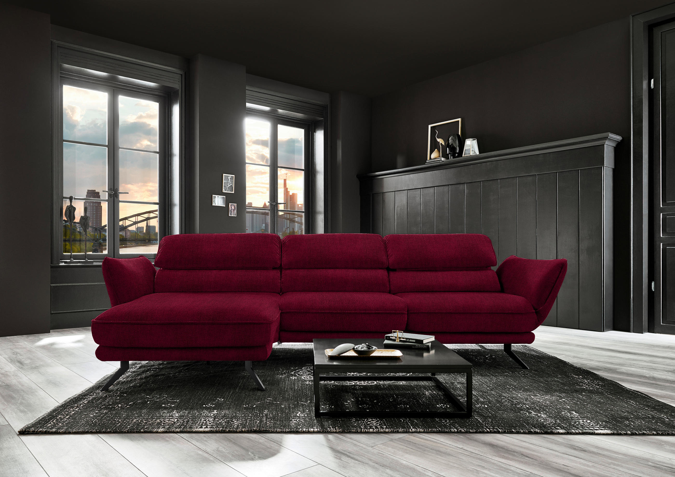 ECKSOFA in Velours Rot  - Rot/Schwarz, Design, Textil/Metall (153/283cm) - Valdera
