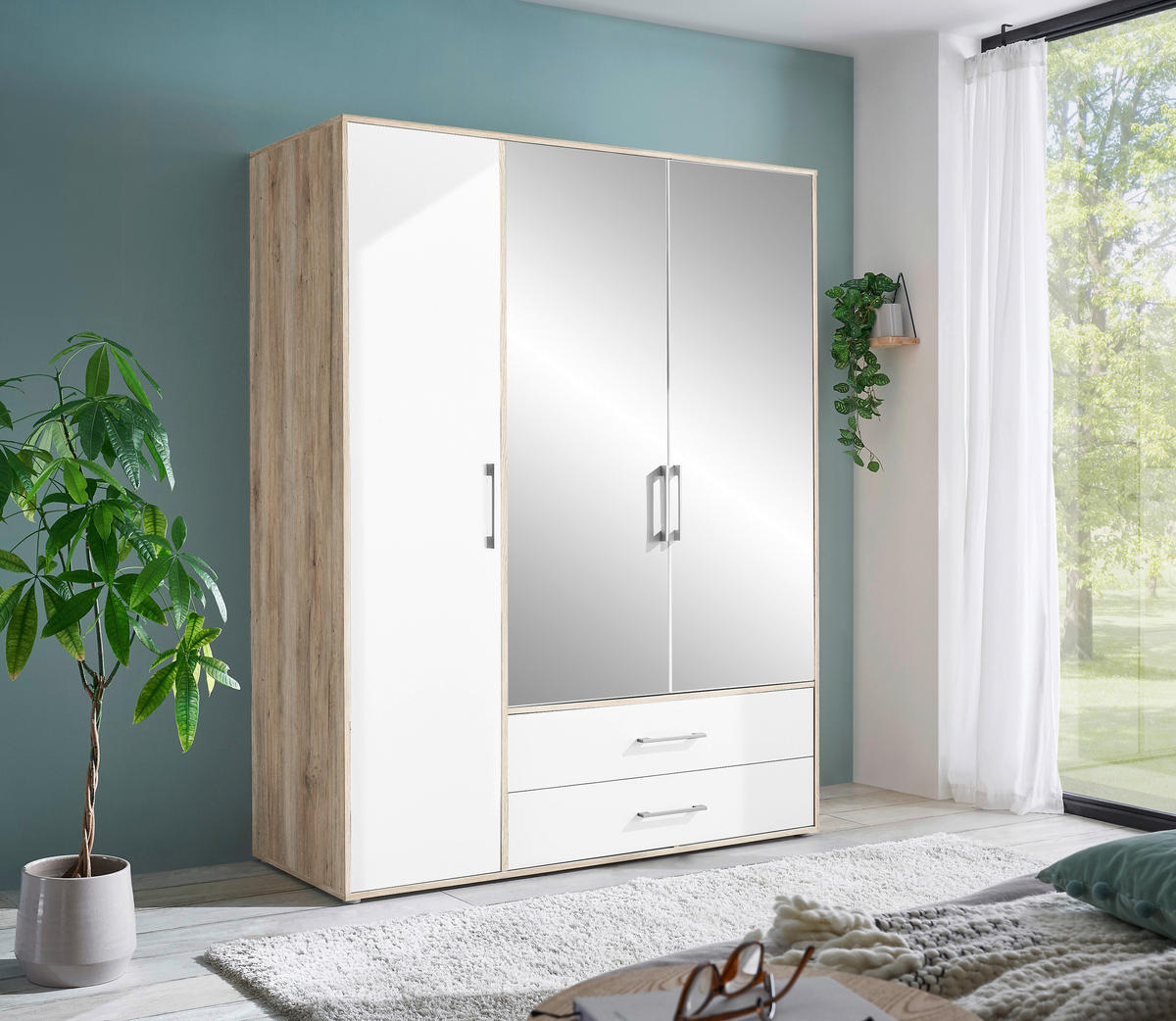 KLEIDERSCHRANK 155/195/60 cm 3-türig Weiß, Alufarben, Eiche San Remo  - Alufarben/Weiß, KONVENTIONELL, Glas/Holzwerkstoff (155/195/60cm) - Boxxx