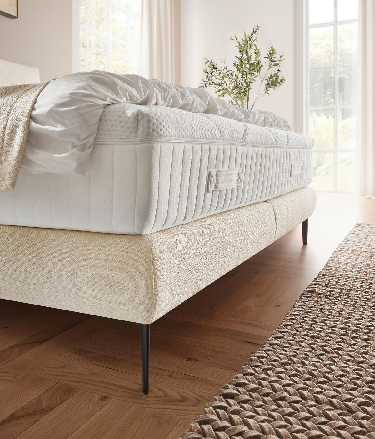 BOXSPRINGBETT 180/200 cm,  in Creme, Matratze, gepolstertes Kopfteil, H2 + H3 = mittel + fest  - Creme/Schwarz, Design, Textil/Metall (180/200cm) - Dieter Knoll