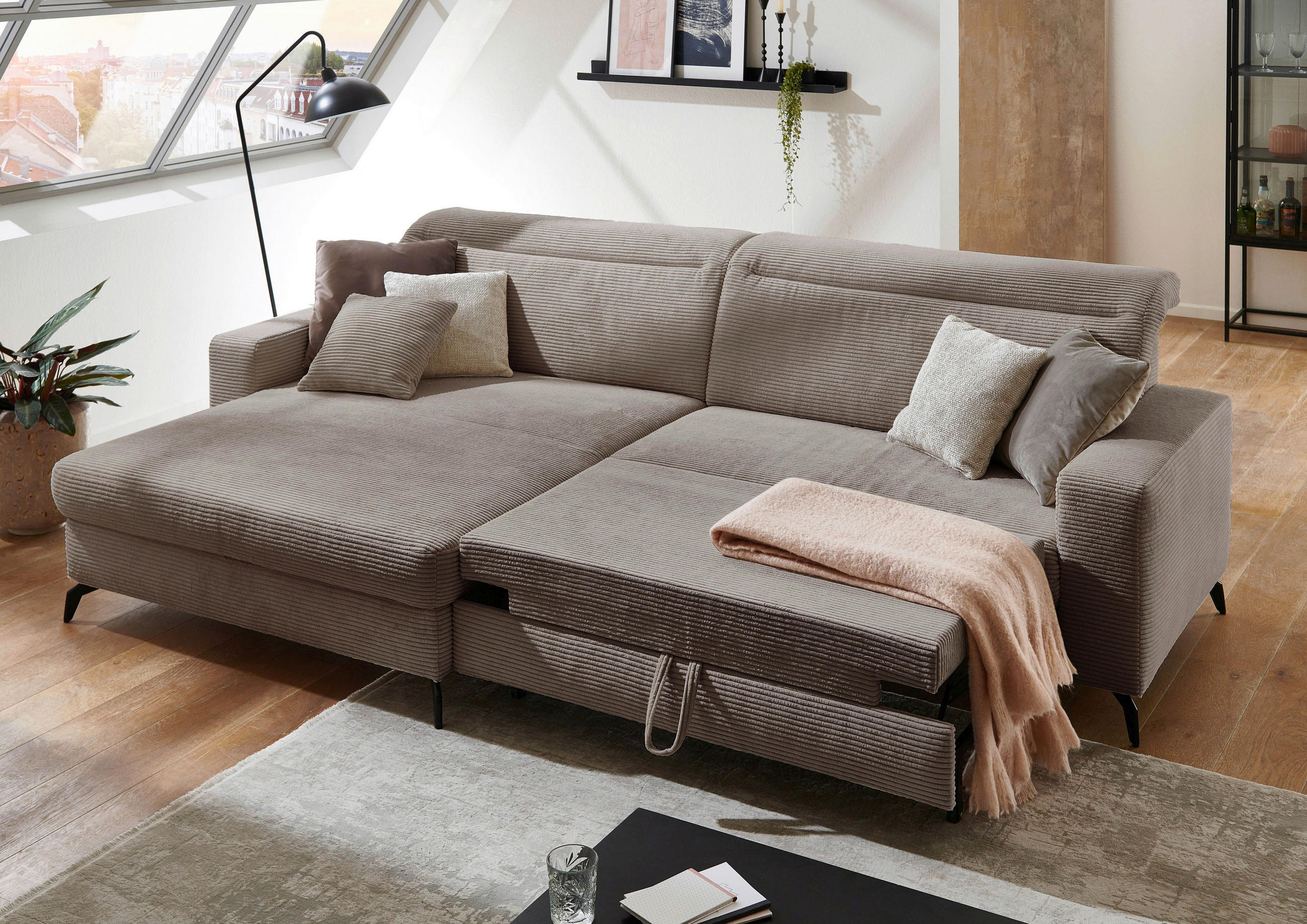 ECKSOFA in Cord Taupe - Taupe/Schwarz, Konventionell, Textil/Metall (178/290cm) - Sit & More