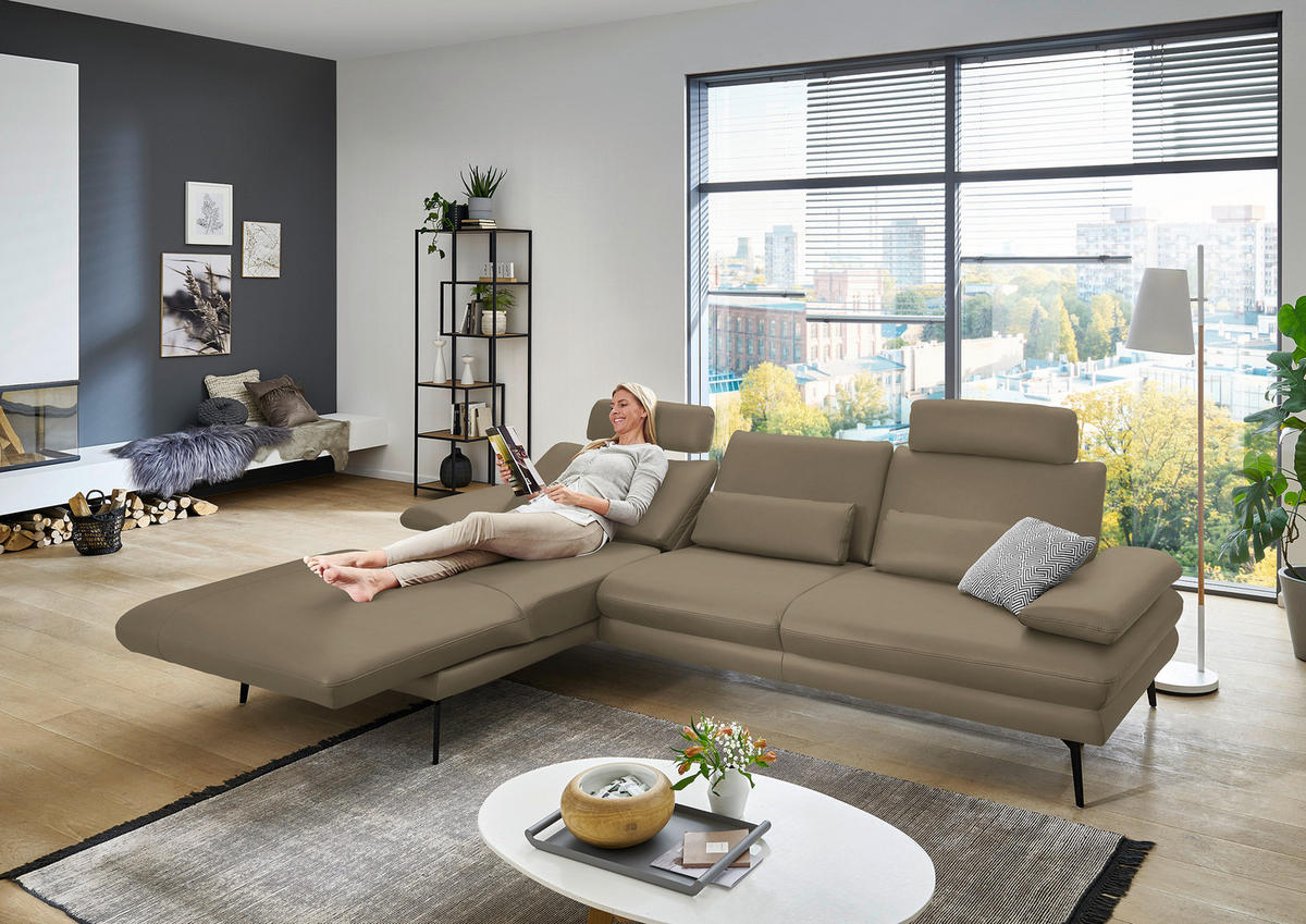 ECKSOFA in Echtleder Beige  - Beige/Schwarz, Design, Leder/Metall (180/310cm) - Dieter Knoll