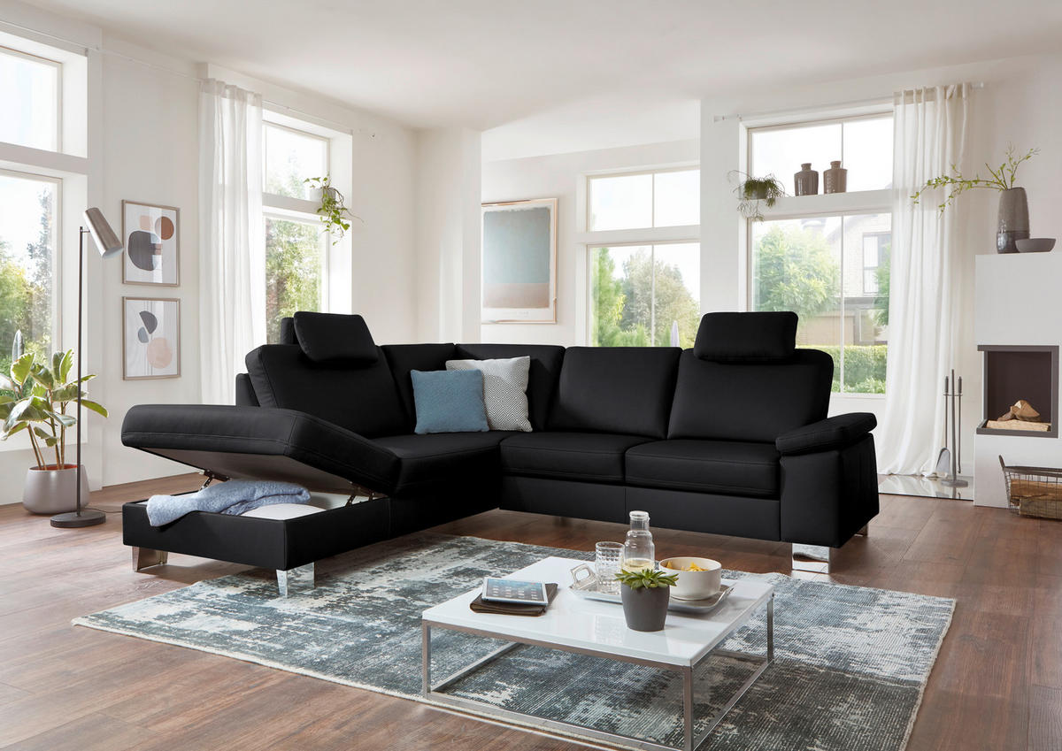 ECKSOFA  in Echtleder Schwarz  235/248 cm  - Alufarben/Schwarz, Design, Leder/Metall (235/248cm) - Beldomo Premium