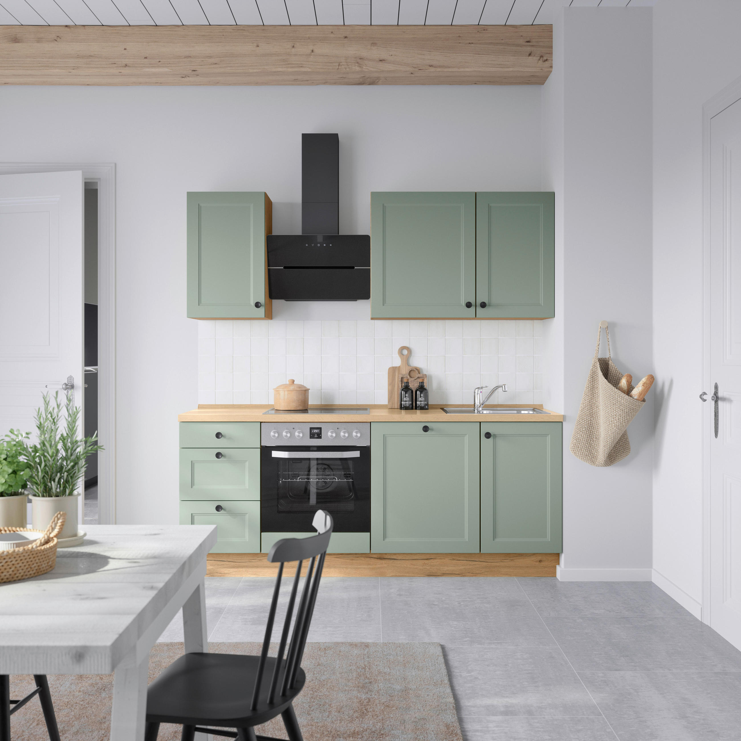 KÜCHENBLOCK 210 cm   in Eichefarben, Schilfgrün  - Schilfgrün/Eichefarben, MODERN, Holzwerkstoff/Metall (210cm) - Nobilia