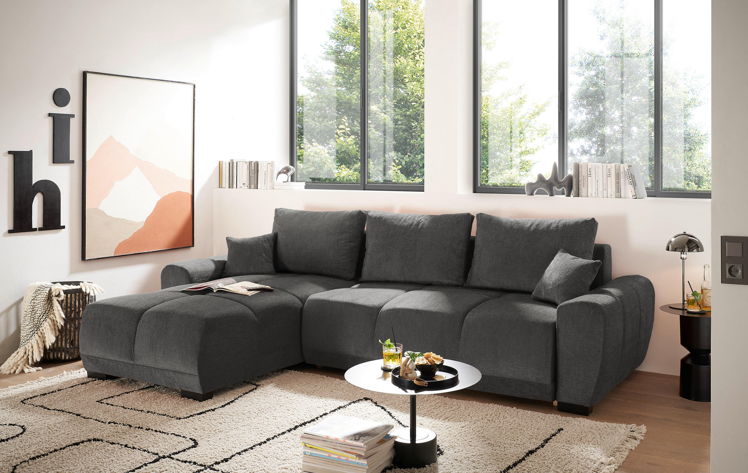 ECKSCHLAFSOFA DEXTER  mit Liegefunktion, Schlafen auf Sitzhöhe, Rücken echt, Armteil links, Armteil rechts Chenille Graphitfarben  - Schwarz/Graphitfarben, Basics, Kunststoff/Textil (294/183cm) - Livetastic