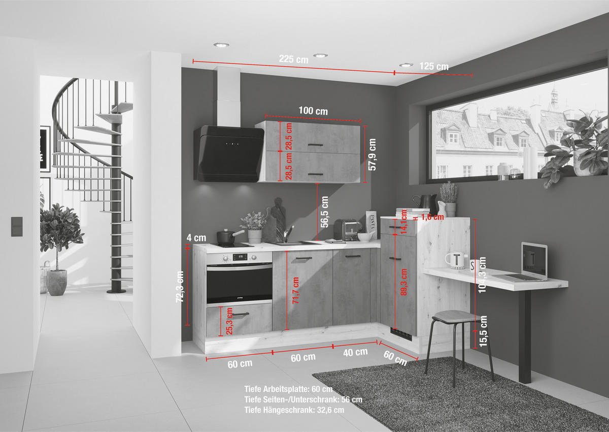 ECKKÜCHE 225/241 cm  Eichefarben  - Dunkelgrau/Eichefarben, Design, Holzwerkstoff/Metall (225/241cm) - Impuls