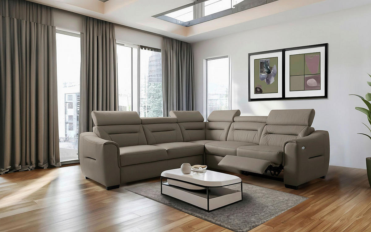 ECKSOFA Schlammfarben Echtleder Lederlook Schlaffunktion, Rücken echt, Relaxfunktion, Kopfteilverstellung  - Wengefarben/Schlammfarben, Design, Leder/Holz (260/260cm) - Celina Home