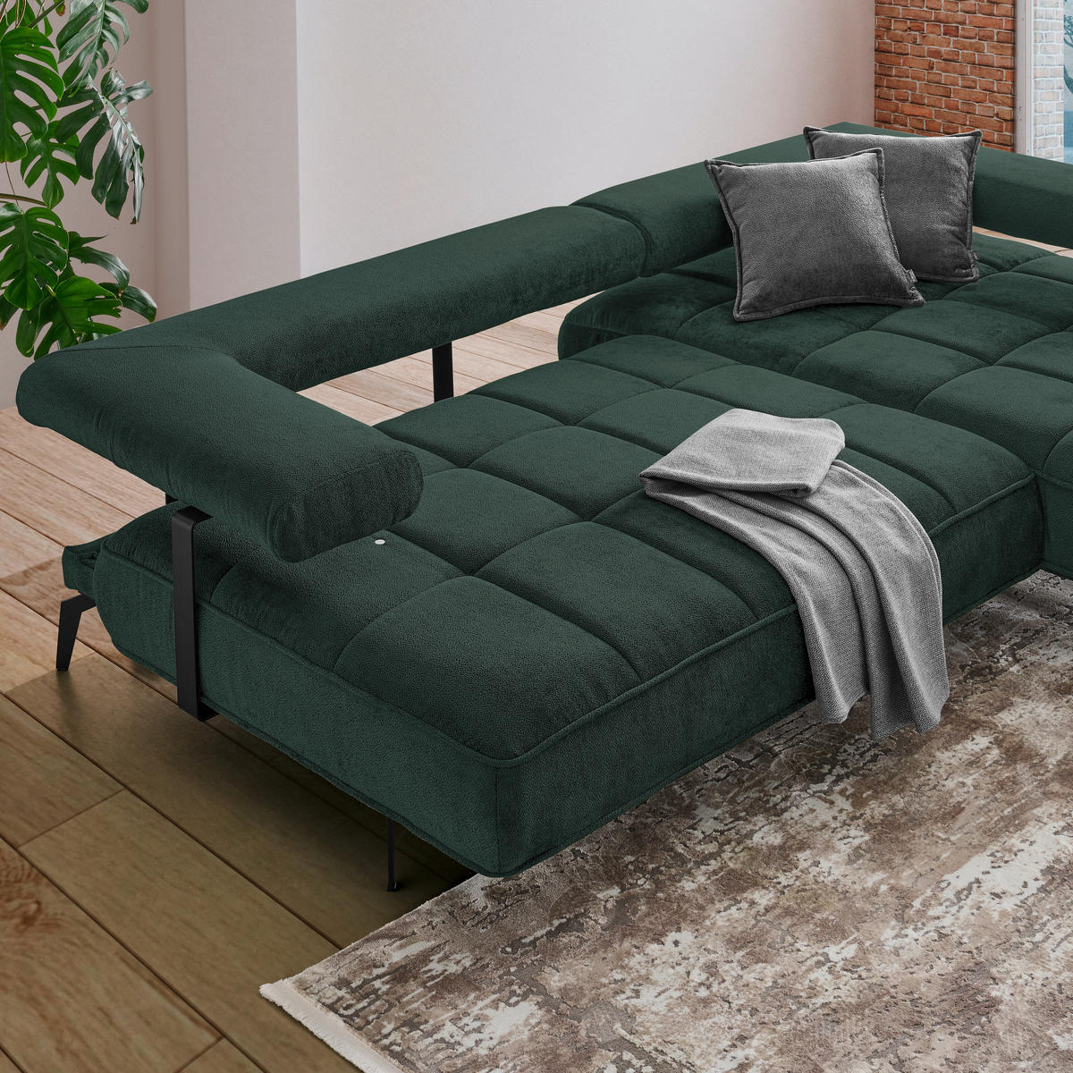 CloseUp von Welnova ECKSOFA Dunkelgrün Webstoff.