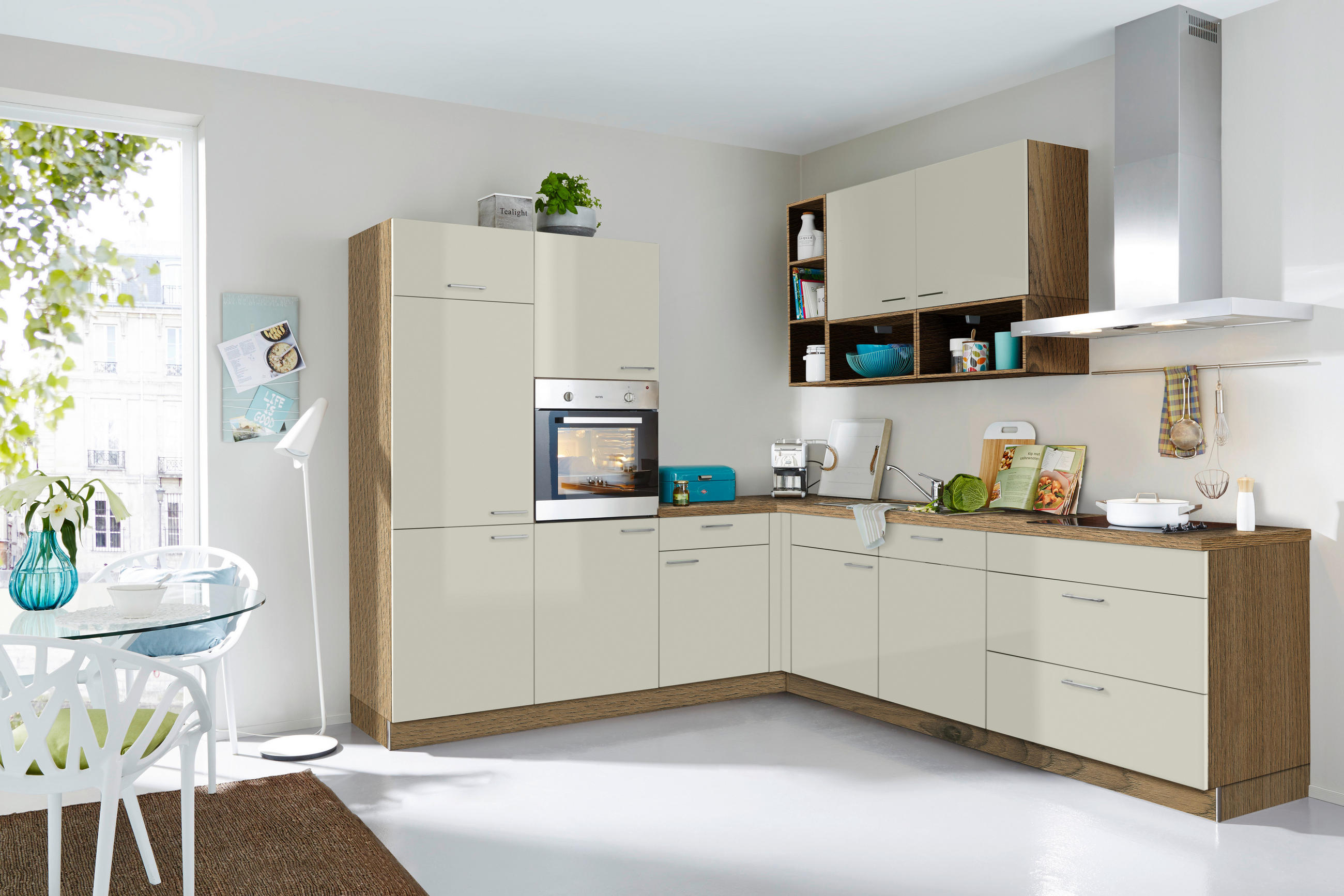 ECKKÜCHE 245/275 cm  in Eichefarben, Hellgrau  - Edelstahlfarben/Eichefarben, MODERN, Holzwerkstoff/Metall (245/275cm) - Welnova