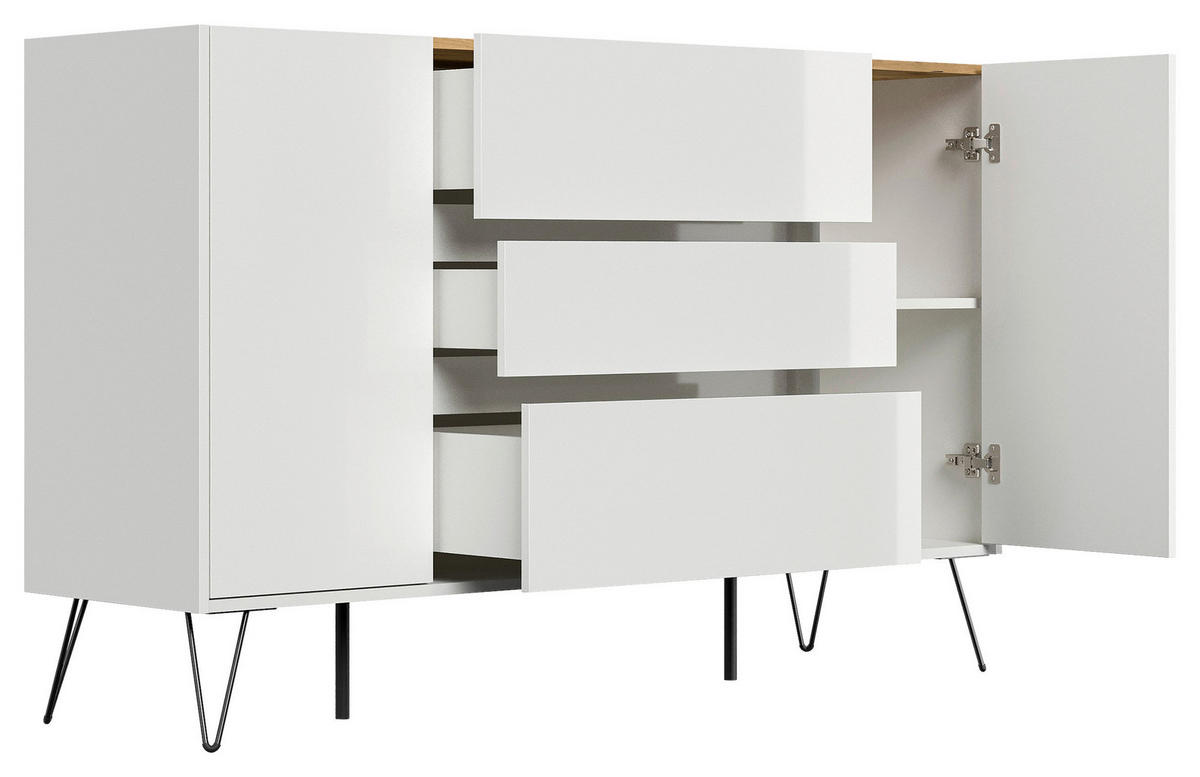 SIDEBOARD Posseik Industrial 155/93,6/42 cm 3 Schublade(n)  - Weiß Hochglanz/Eichefarben, Design, Holzwerkstoff/Metall (155/93,6/42cm) - P & B