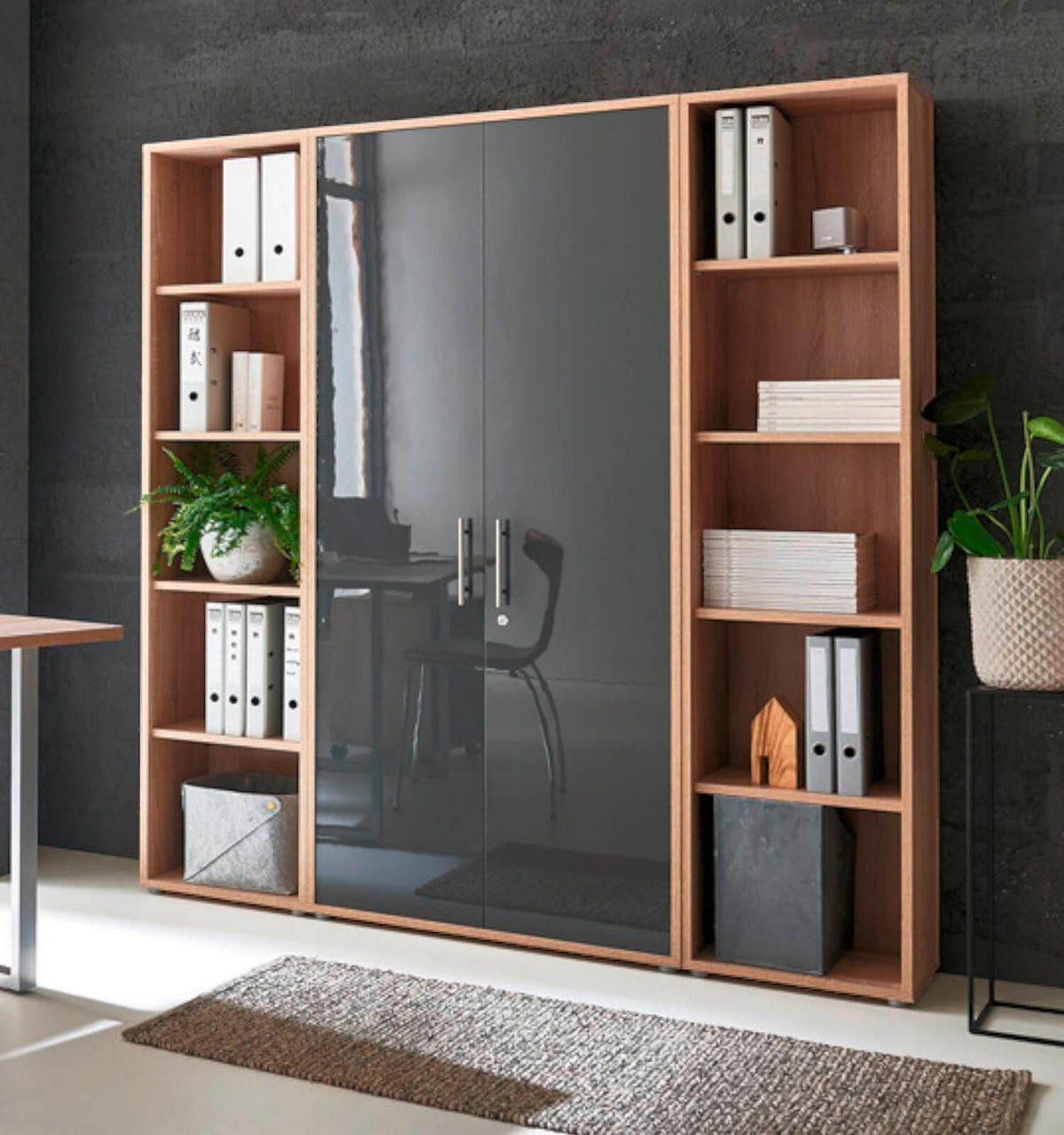 BÜRO erweiterbar, in verschiedenen Holz-Dekoren erhältlich, Schreibtisch seitenverkehrt montierbar, abschließbar Sonoma Eiche, Anthrazit Hochglanz - Anthrazit Hochglanz/Sonoma Eiche, MODERN, Holzwerkstoff - MID.YOU