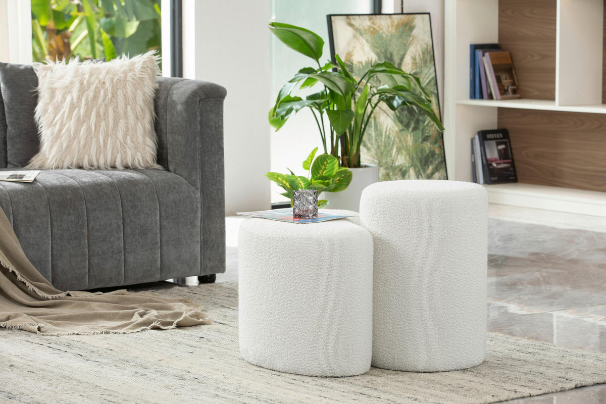 POUF Bouclé Weiß 56.5/35/40/50/36.5/35 cm  - Weiß, Design, Holzwerkstoff/Textil (56.5/35/40/50/36.5/35cm) - MID.YOU