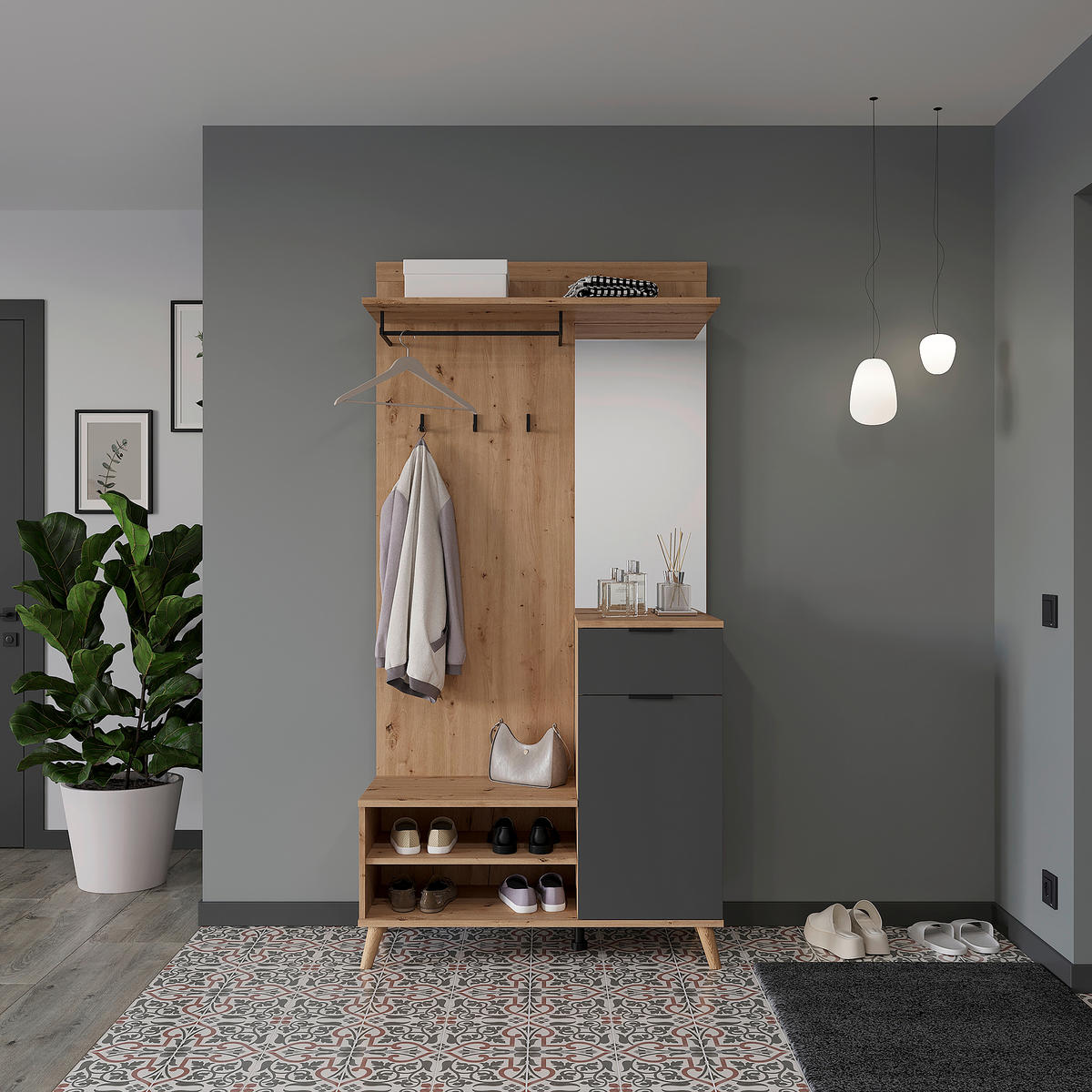 GARDEROBE  in 100/202/40 cm  - Graphitfarben/Eiche Artisan, Design, Glas/Holzwerkstoff (100/202/40cm) - home24