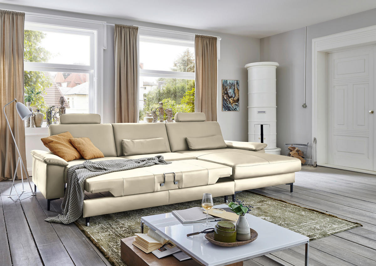 ECKSOFA in Echtleder Creme, Naturfarben  - Creme/Schwarz, Design, Leder/Metall (334/176cm) - Dieter Knoll