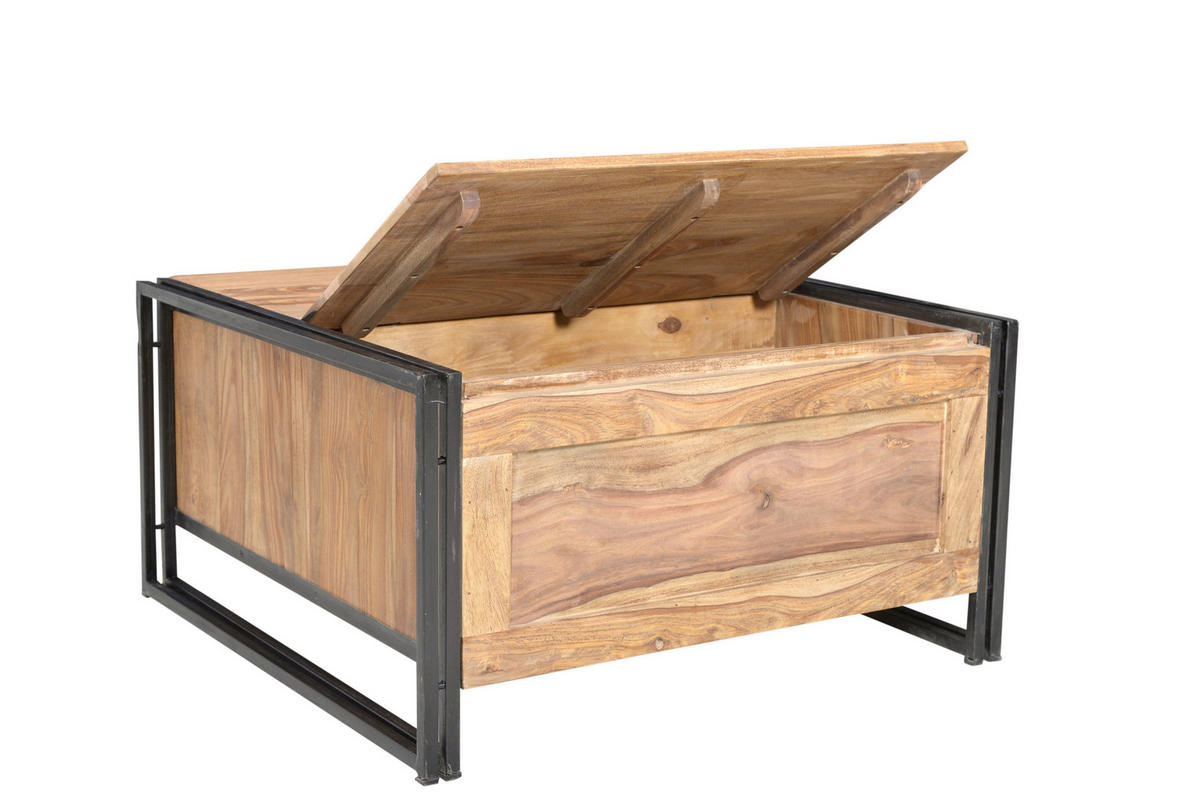 COUCHTISCH Akazie massiv 90/90/47 cm quadratisch Naturfarben, Schwarz  - Schwarz/Naturfarben, Design, Holz/Metall (90/90/47cm) - MID.YOU