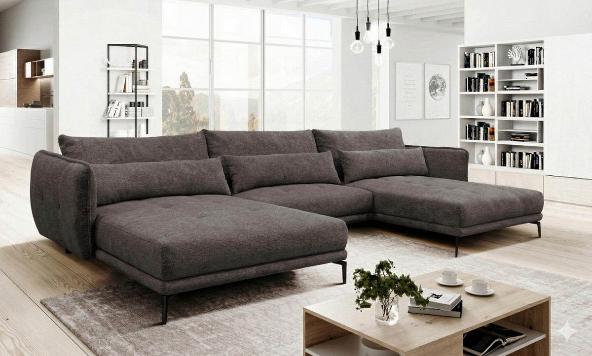 WOHNLANDSCHAFT LAGACY U in Flachgewebe Graubraun  - Graubraun/Schwarz, Design, Textil/Metall (193/368/193cm) - MID.YOU