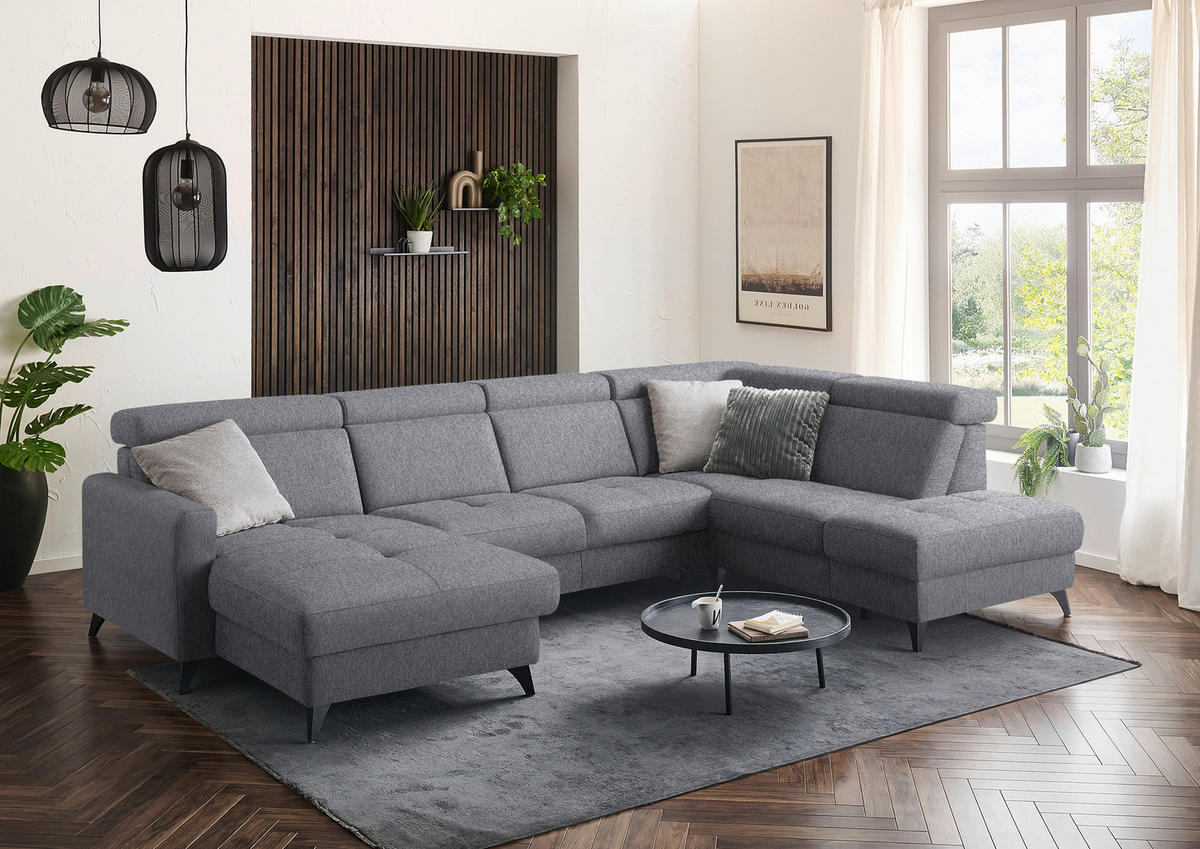 WOHNLANDSCHAFT Flachgewebe Grau  - Schwarz/Grau, Konventionell, Textil/Metall (174/333/215cm) - Beldomo System