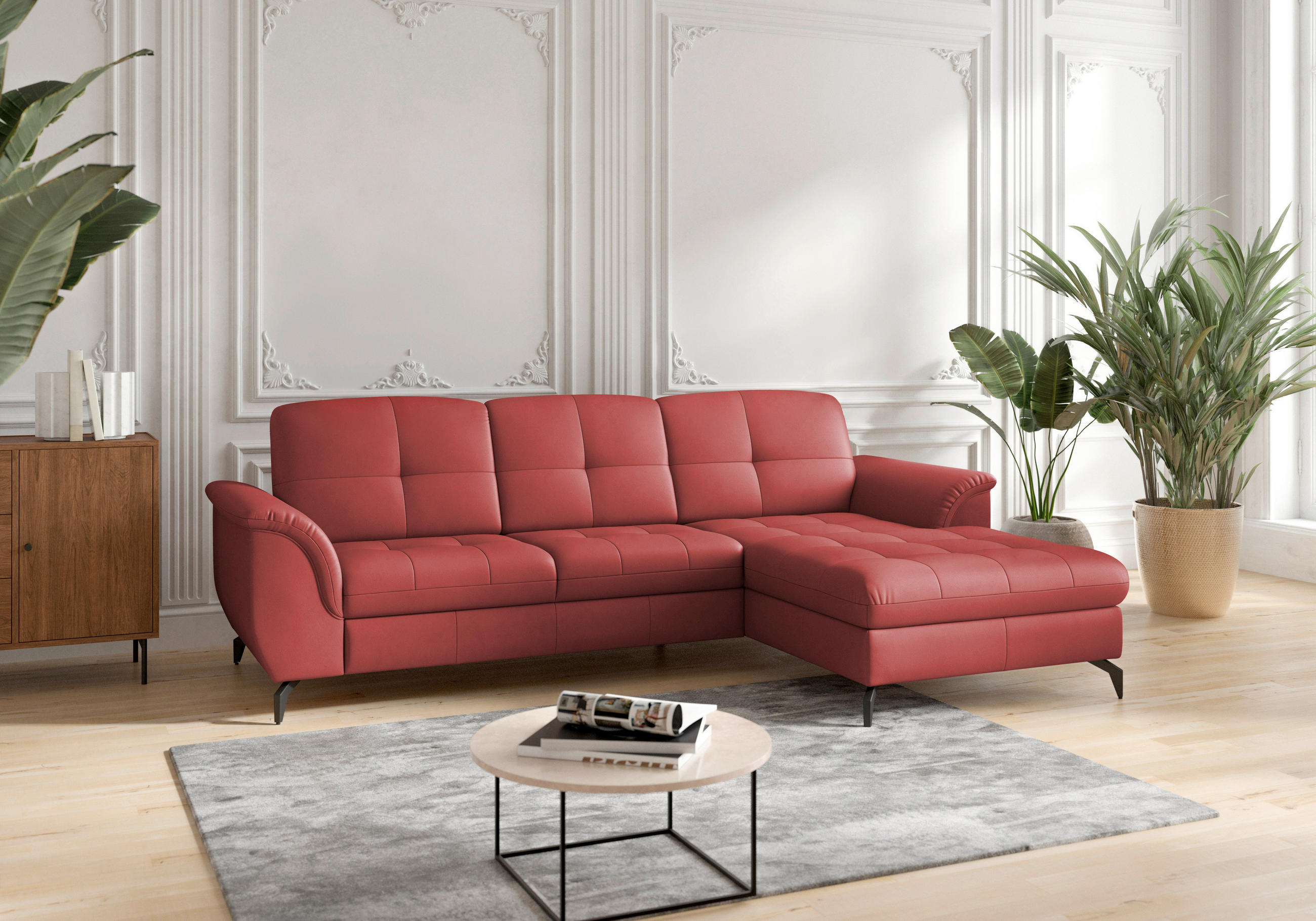 ECKSOFA in Echtleder Rot  262/164 cm  - Rot/Schwarz, MODERN, Leder/Metall (262/164cm) - Sit & More