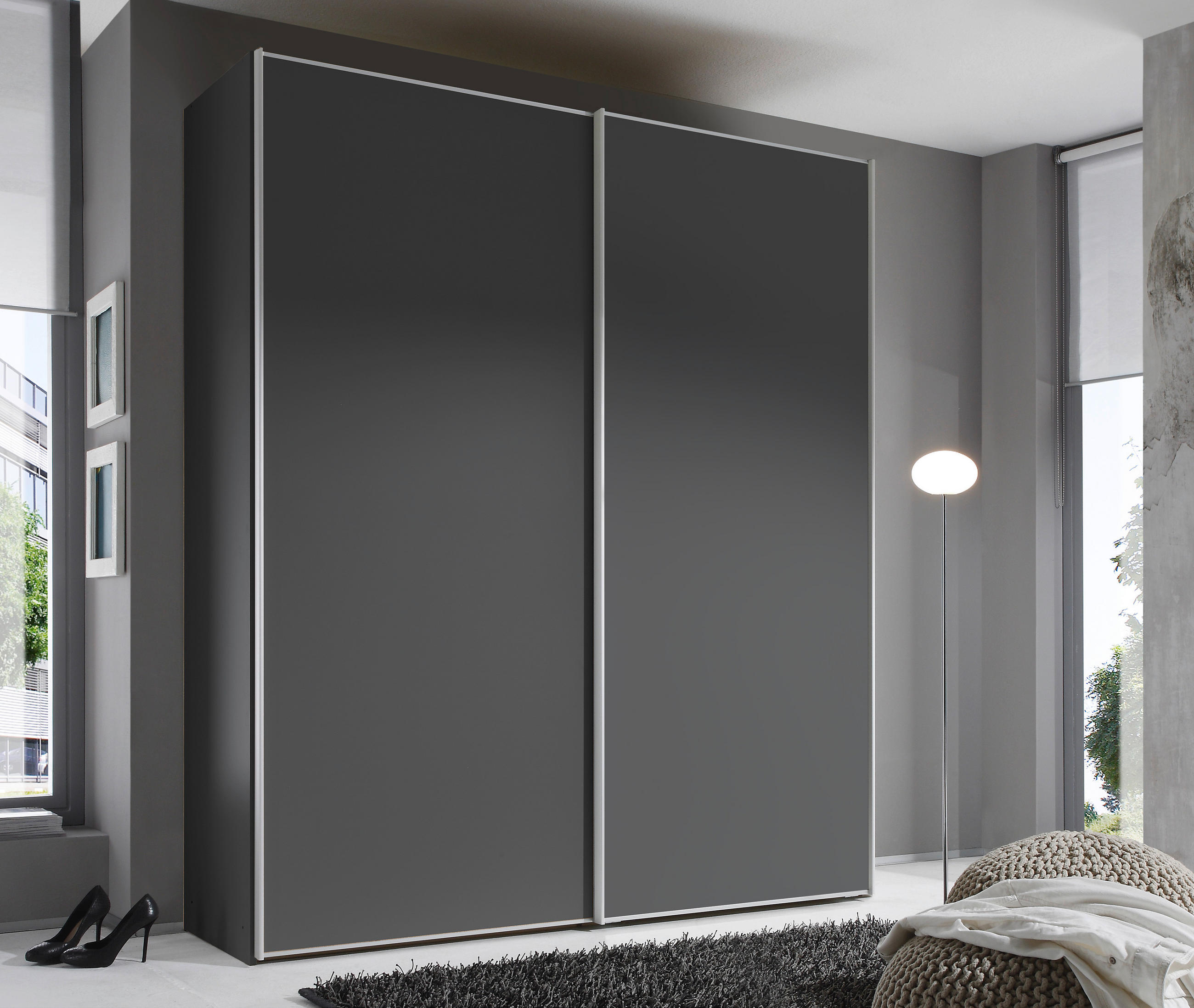 SCHWEBETÜRENSCHRANK in Anthrazit  - Anthrazit/Alufarben, Design, Holzwerkstoff/Metall (188/222/68cm) - Moderano