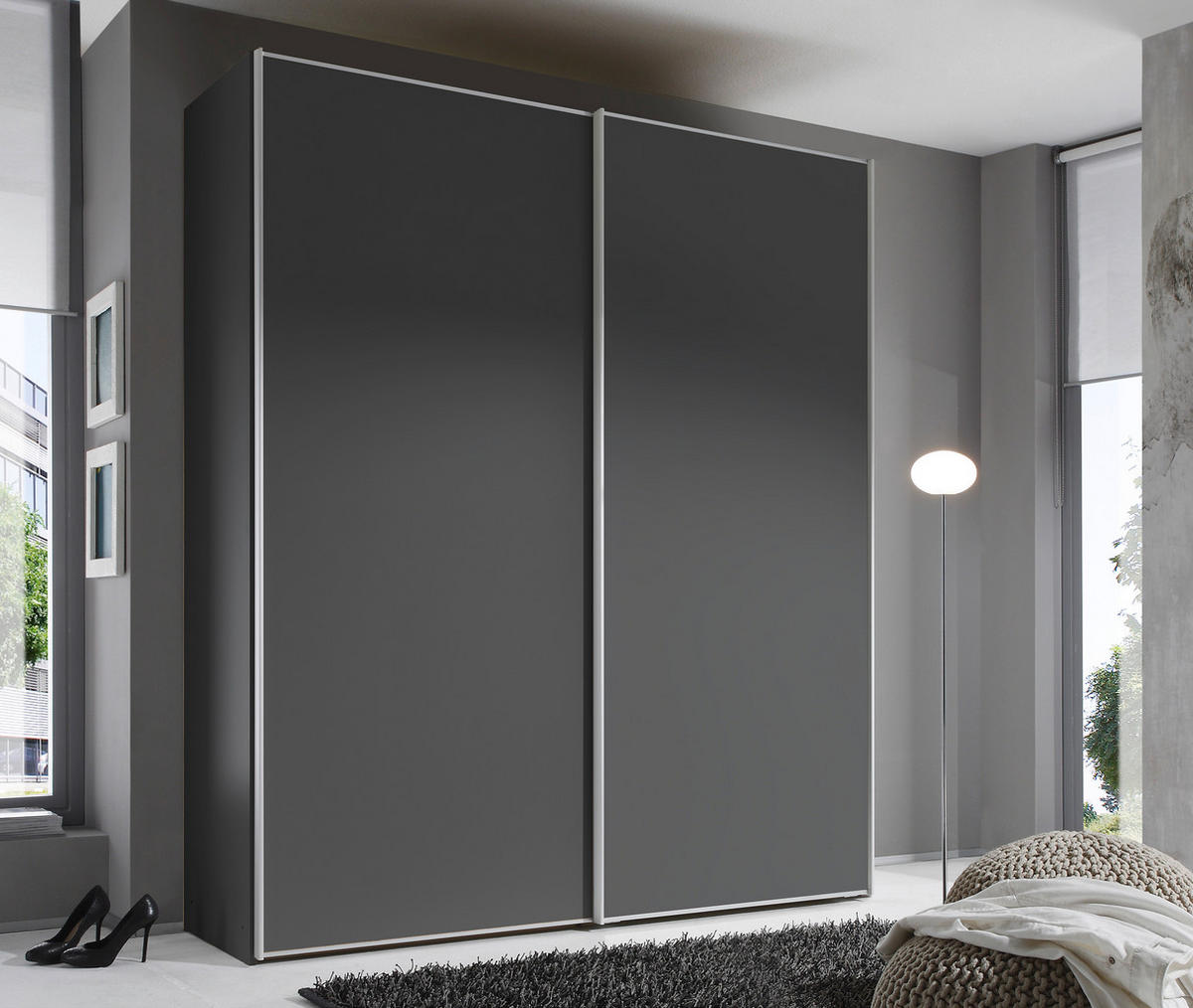 SCHWEBETÜRENSCHRANK in Anthrazit  - Anthrazit/Alufarben, Design, Holzwerkstoff/Metall (225/222/68cm) - Moderano