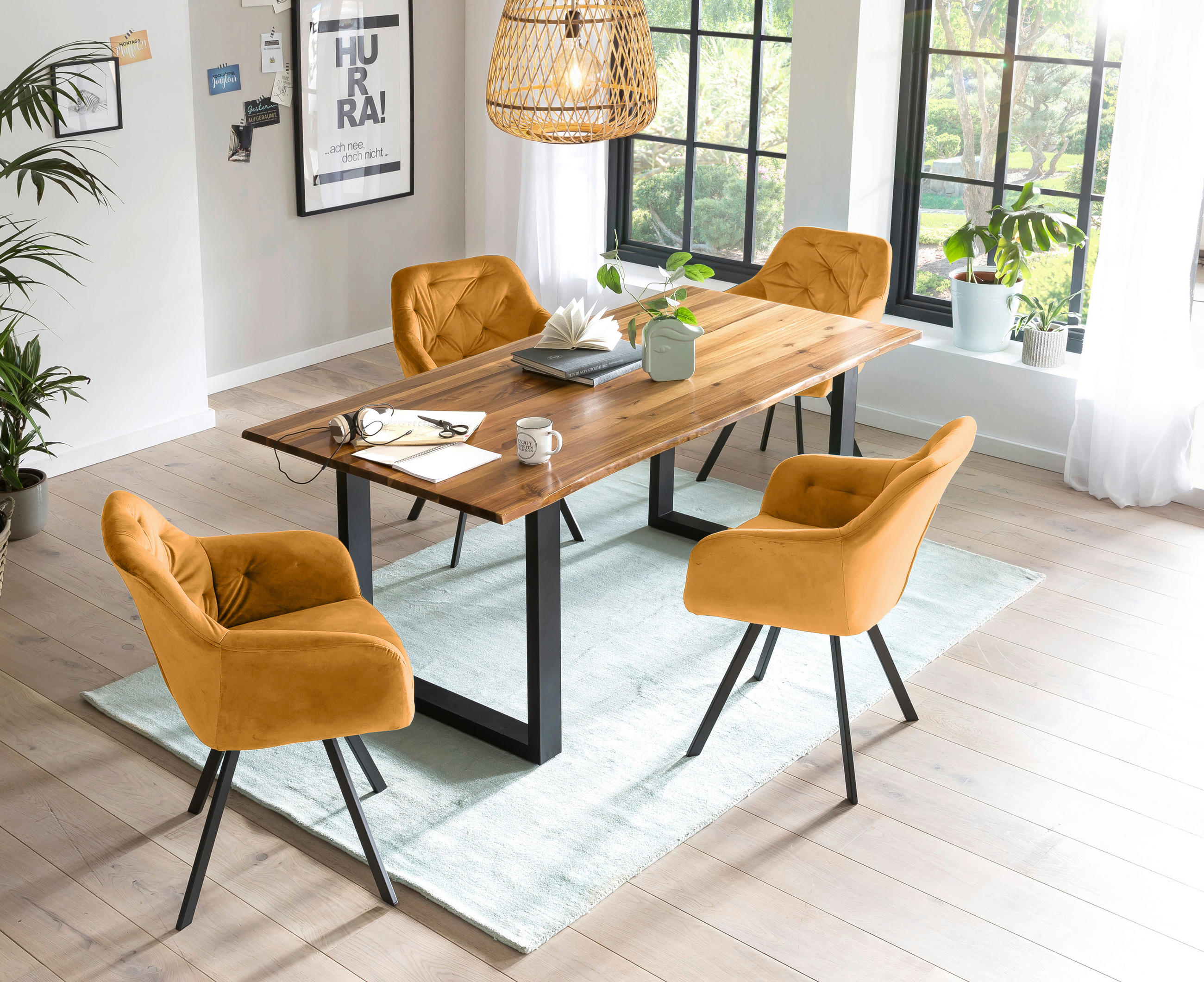 TISCHGRUPPE   - Cognac/Senfgelb, MODERN, Holz/Textil (180/90/77cm) - Livetastic