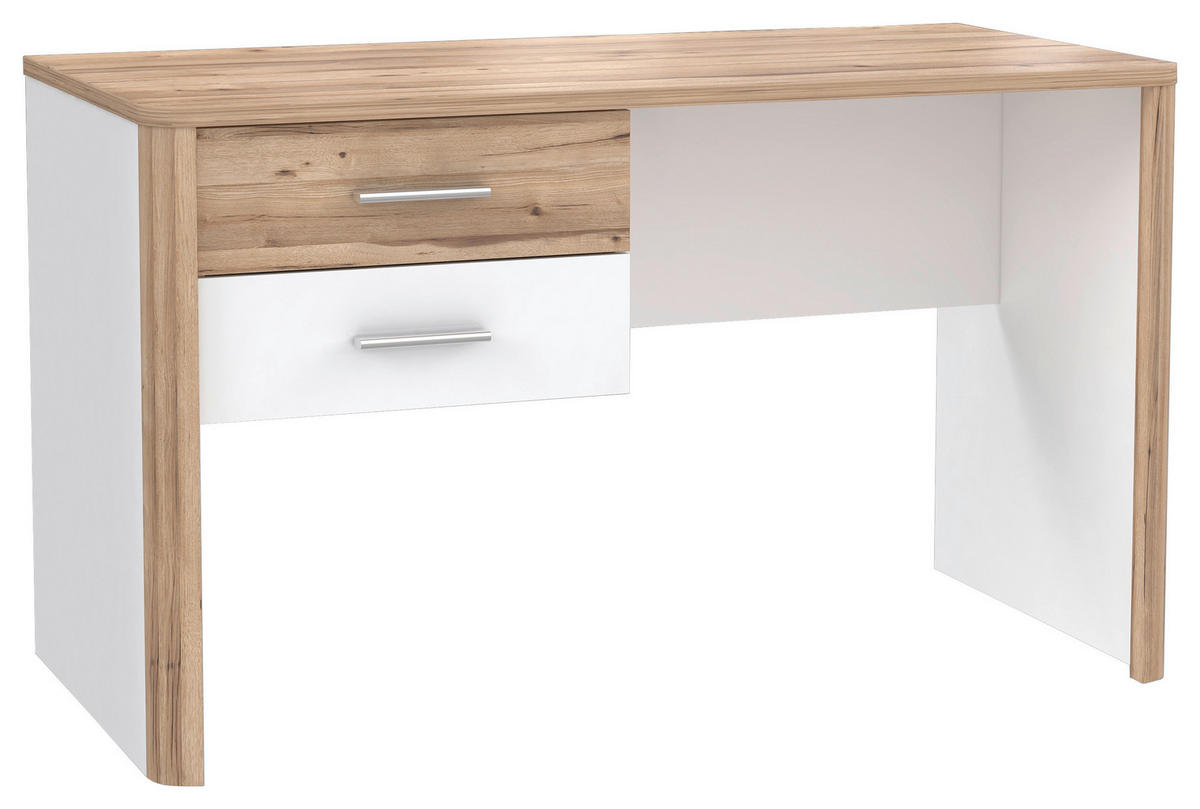 SCHREIBTISCH 125/60/73,8 cm  in Weiß, Eichefarben  - Eichefarben/Alufarben, MODERN, Holzwerkstoff/Metall (125/60/73,8cm) - Xora