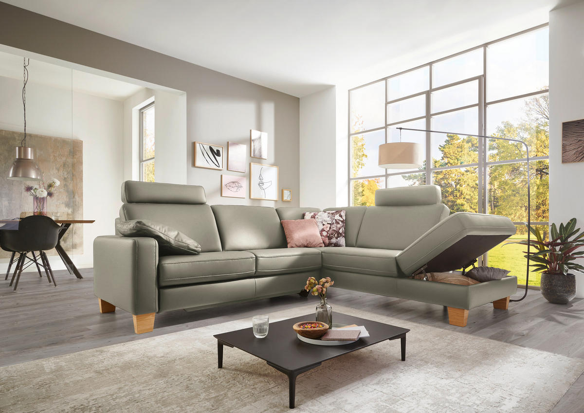 ECKSOFA in Echtleder Grau  - Eiche Bianco/Grau, Konventionell, Leder/Holz (257/235cm) - Valdera