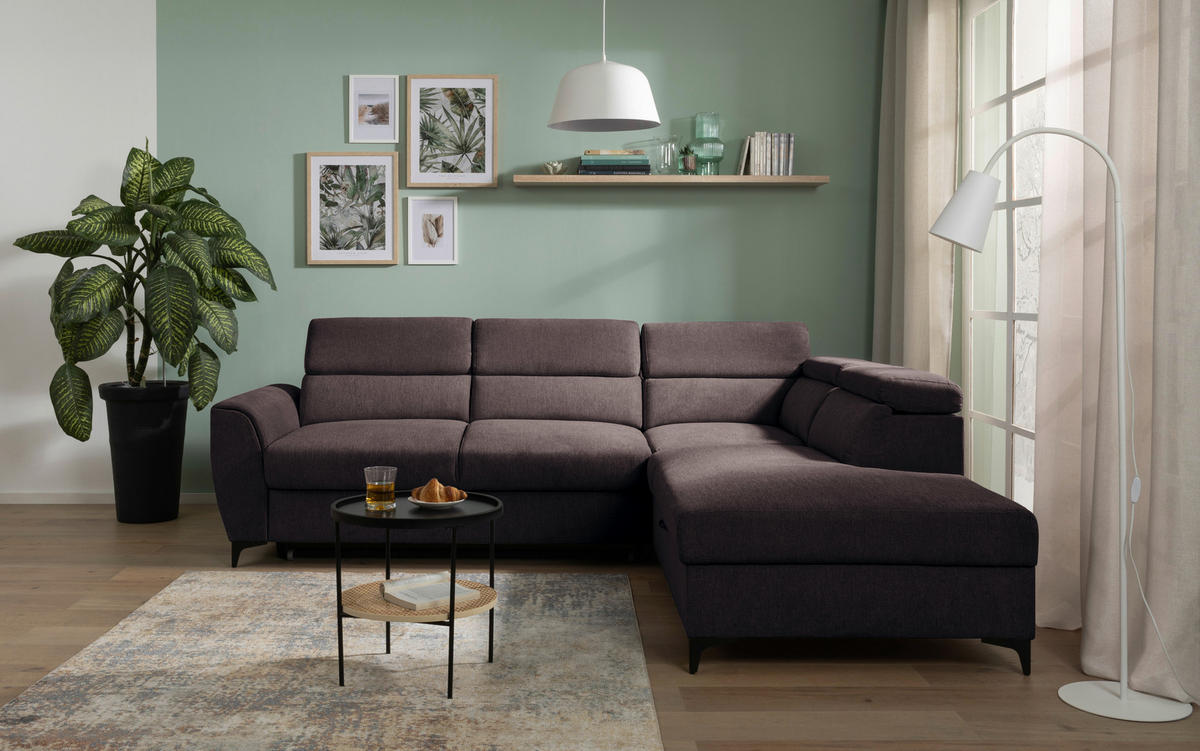 ECKSOFA in Velours Dunkelbraun  - Dunkelbraun/Schwarz, Konventionell, Textil/Metall (255/217cm) - MID.YOU