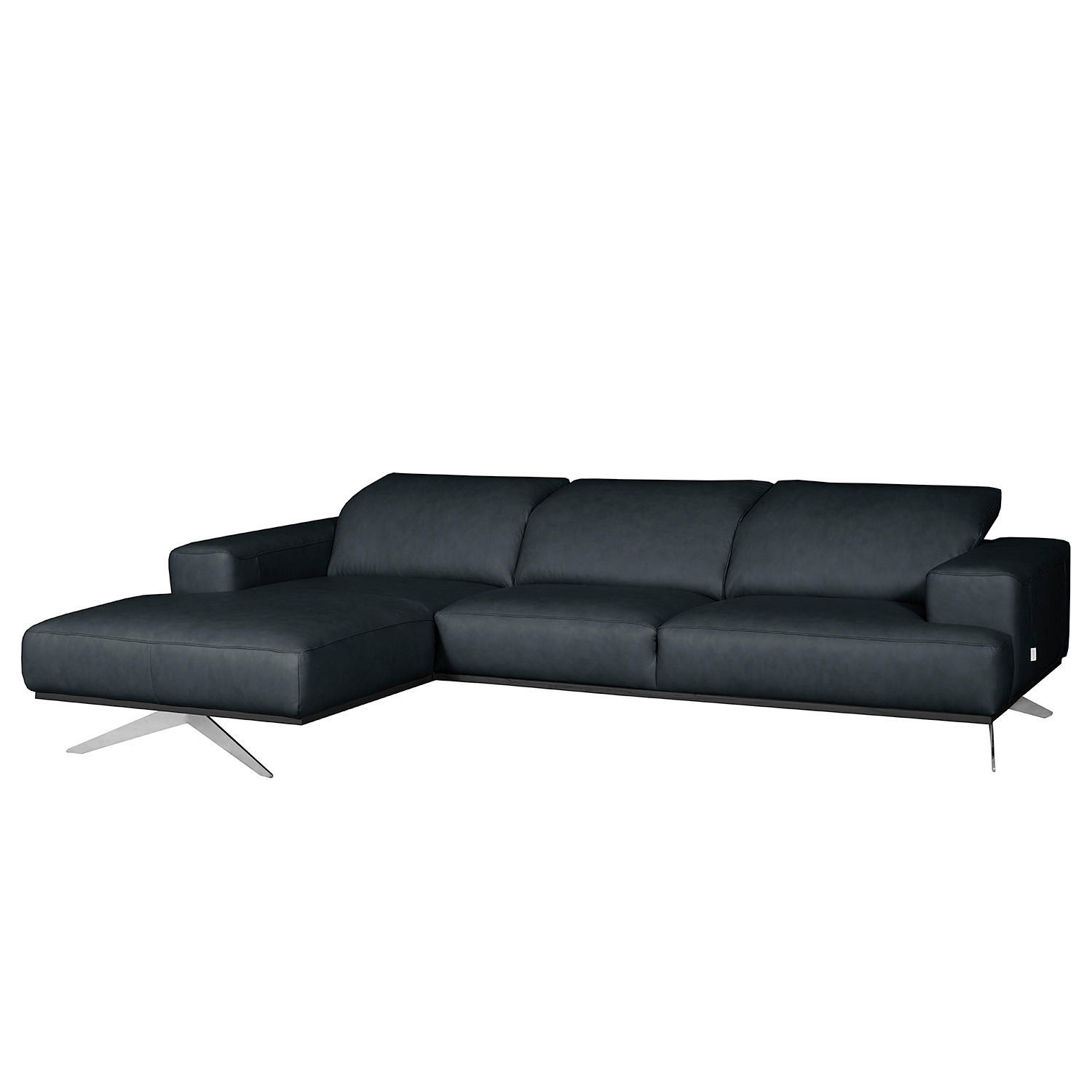 ECKSOFA Blau Echtleder Rücken echt, Kopfteilverstellung  - Chromfarben/Blau, Design, Leder/Metall (187/295cm) - Livetastic