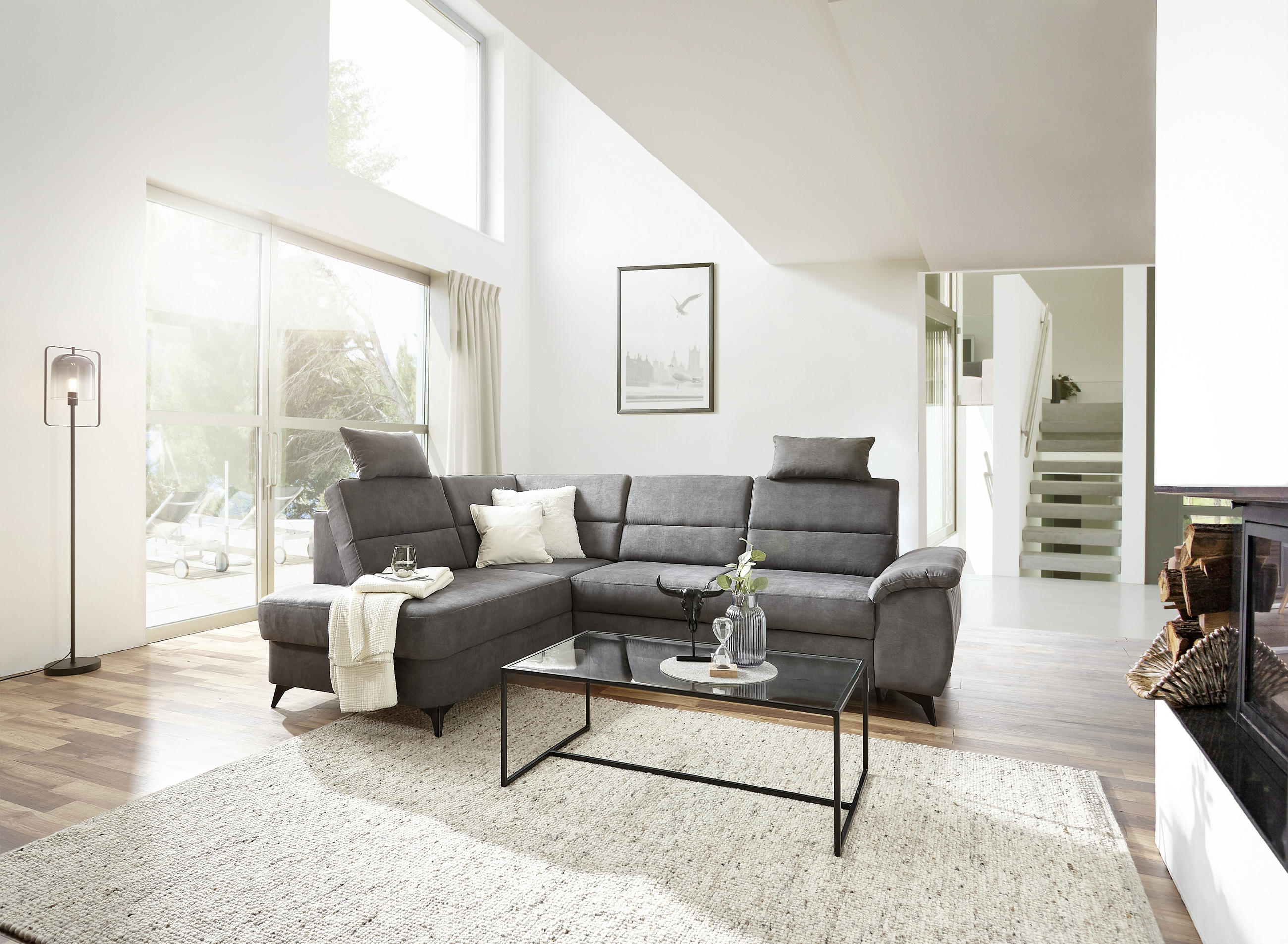 Wohnlandschaft inkl.Funktionen Dunkelgrau Lederlook - Dunkelgrau/Schwarz, KONVENTIONELL, Textil/Metall (194/257cm) - Cantus