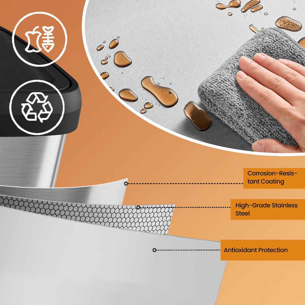 ABFALLSAMMLER 50 L  - Silberfarben/Schwarz, Basics, Kunststoff/Metall (40,4/58,5/38cm)