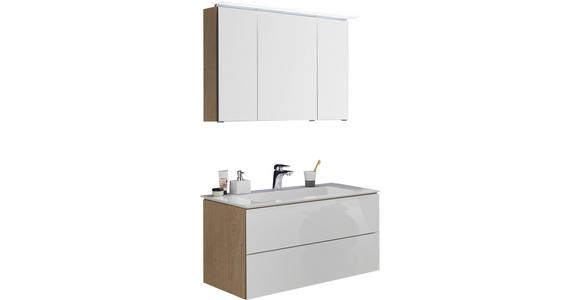 BADEZIMMER in 91,2 cm - Eichefarben/Weiß Hochglanz, Design, Glas/Holzwerkstoff (91,2cm) - Dieter Knoll