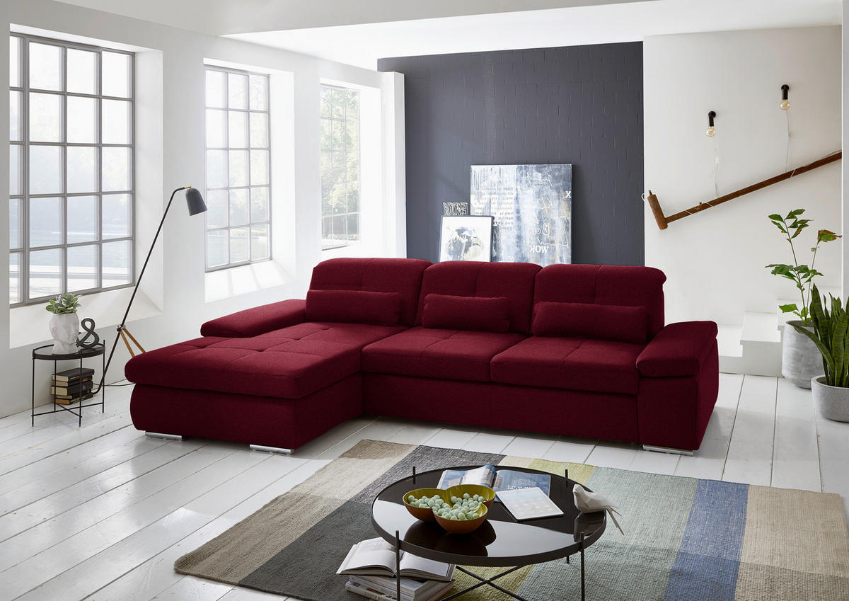 ECKSOFA Flachgewebe Weinrot  - Chromfarben/Weinrot, Design, Textil (195/309cm) - Beldomo Style