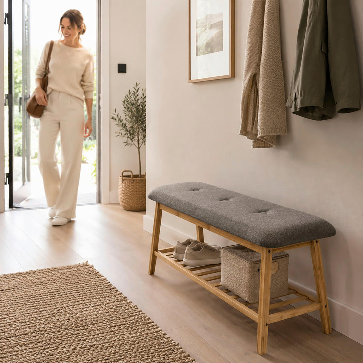 Bancă Depozitare Pantofi 100/44/30 cm  - culoare natur/gri, lemn/textil (100/44/30cm) - Xora