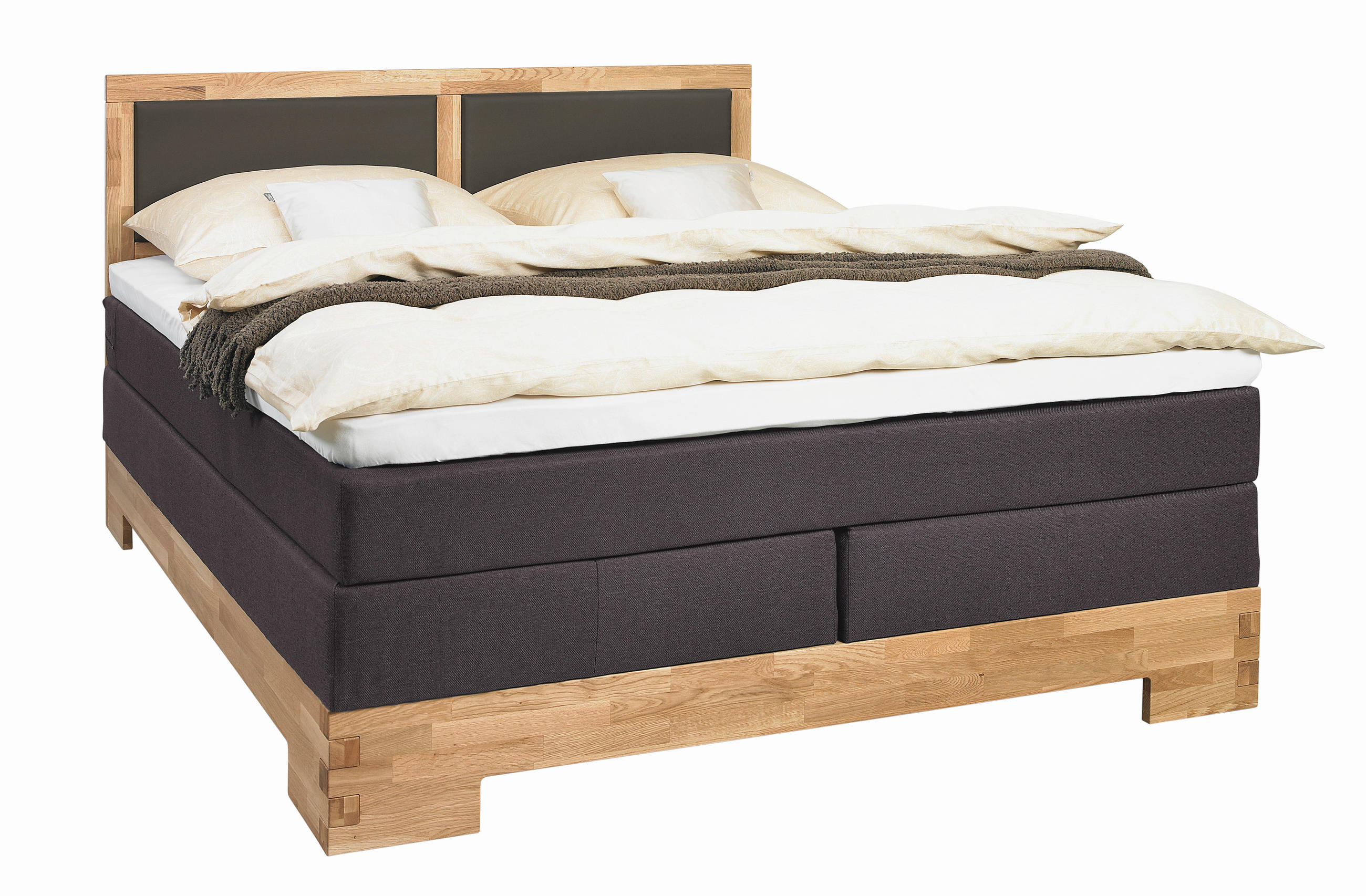BOXSPRINGBETT 140/200 cm,  in Schlammfarben, Eichefarben, Matratze, gepolstertes Kopfteil, Topper, H3 = fest  - Schlammfarben/Eichefarben, Design, Holz/Textil (140/200cm) - Linea Natura