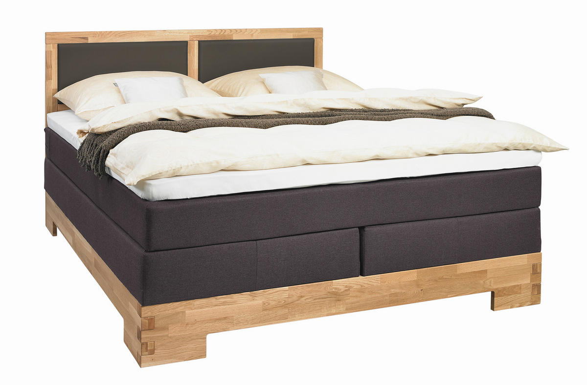 BOXSPRINGBETT 160/200 cm,  in Schlammfarben, Eichefarben, Matratze, gepolstertes Kopfteil, Topper, H3 = fest  - Schlammfarben/Eichefarben, Design, Holz/Textil (160/200cm) - Linea Natura