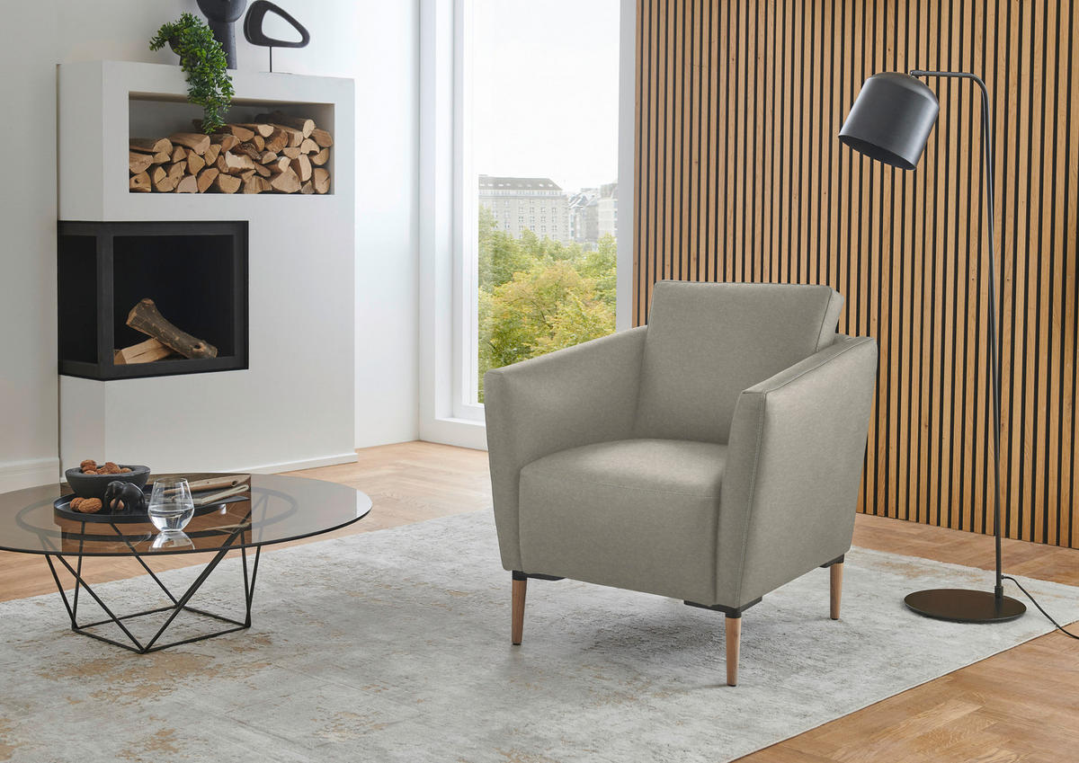 SESSEL in Echtleder Hellgrau  - Eichefarben/Beige, Natur, Leder/Holz (75/84/76cm) - Valnatura